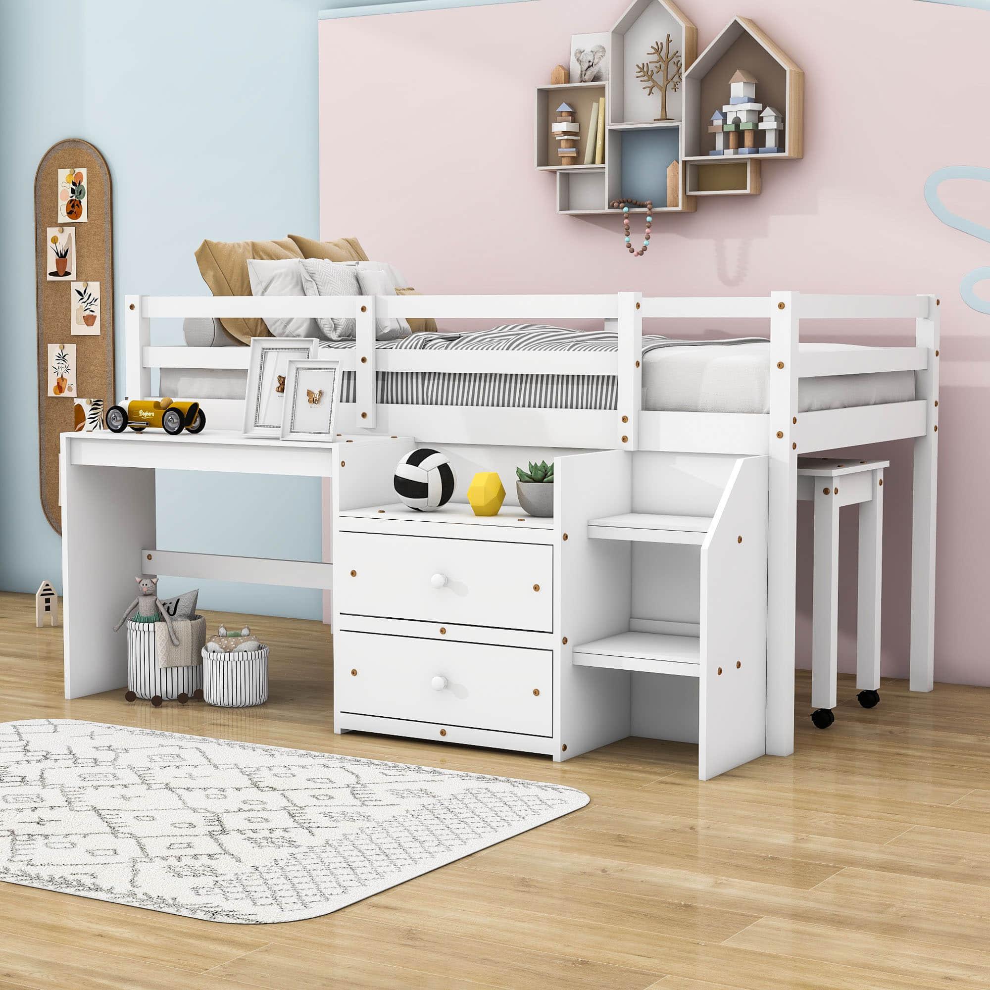 Twin Size Kids Low Loft Bed with Desk, Stairs and Storage Drawers