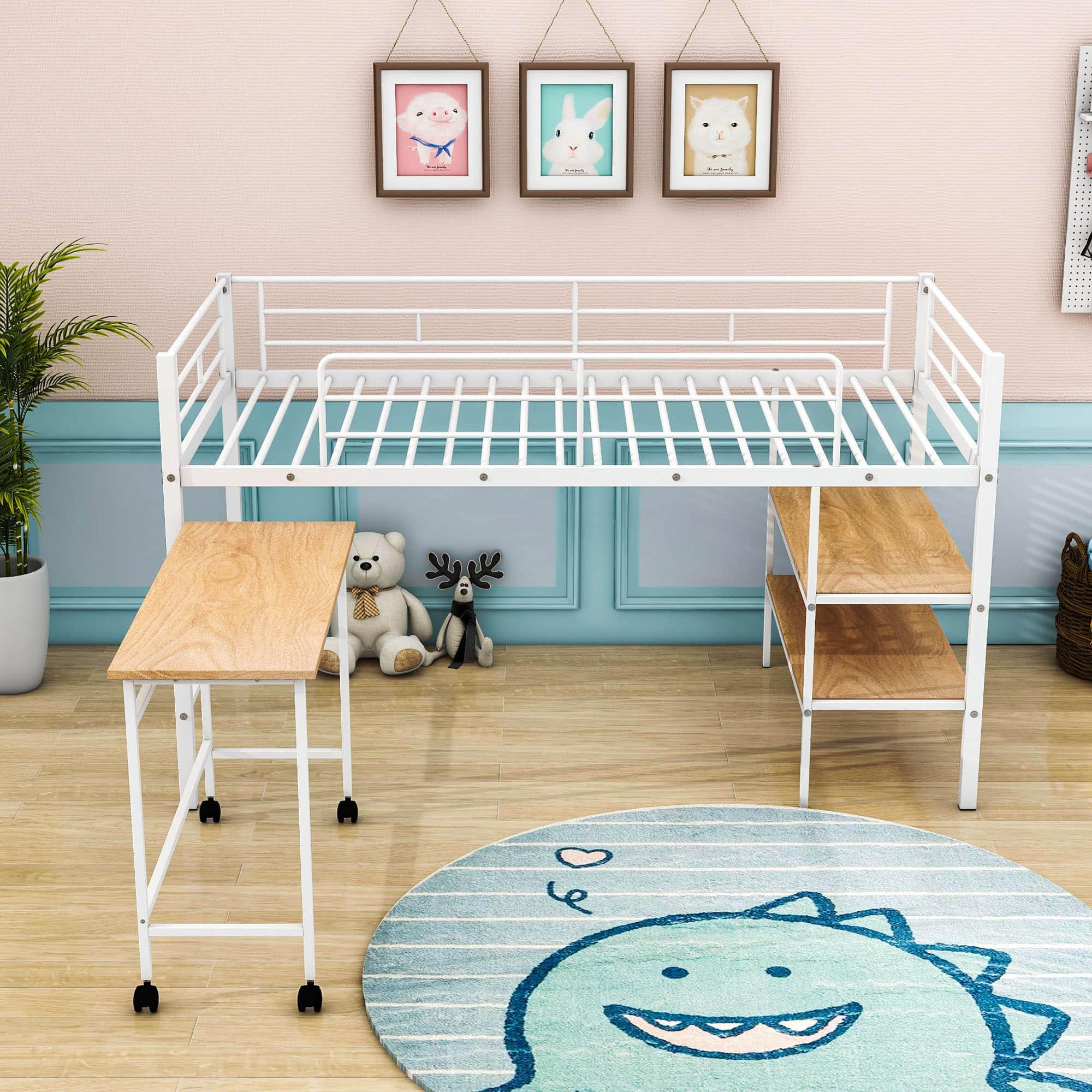 Metal Low Twin Loft Bed with Desk and Storage Shelves for Kids