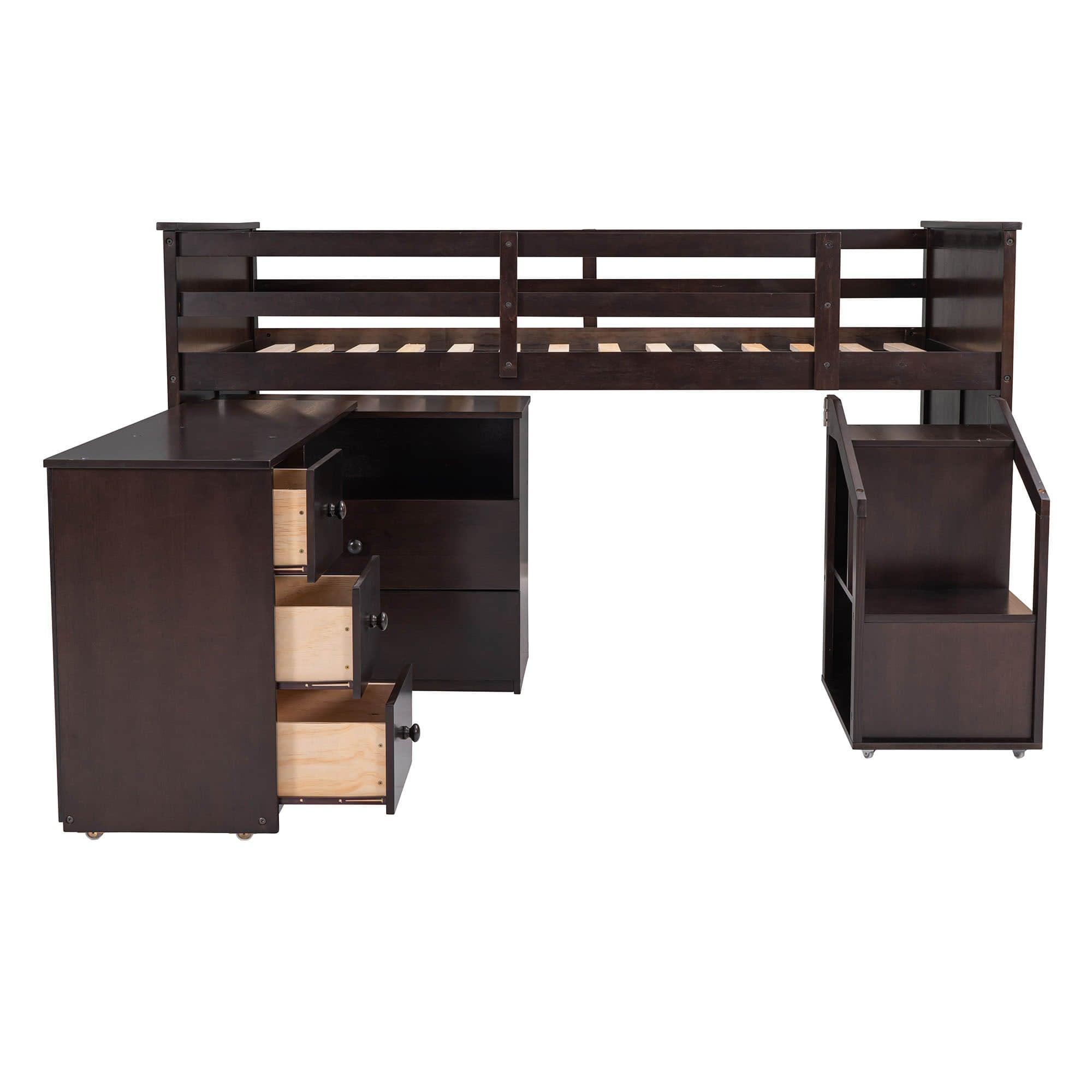 Low Twin Loft Bed with Portable Desk and Stairs, Storage - [Wood, Drawers, Shelves]