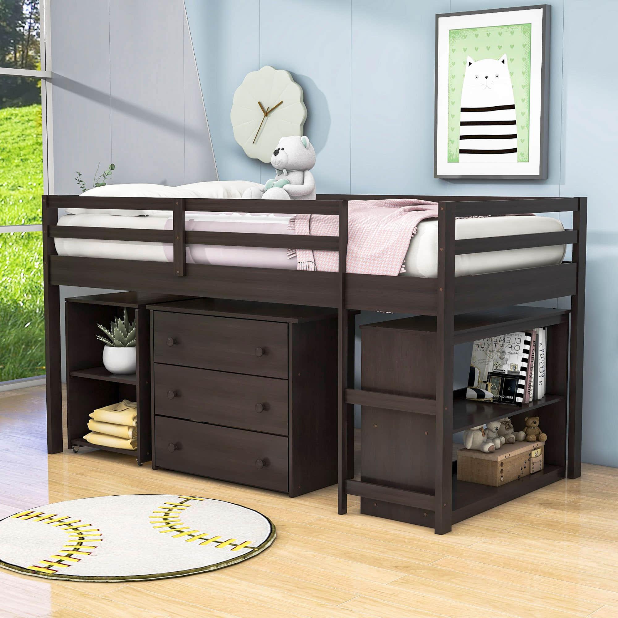 Montessori Twin Low Loft Bed with Desk and Storage for Kids - [Shelves, Dresser, Drawers, Ladder, Wood]