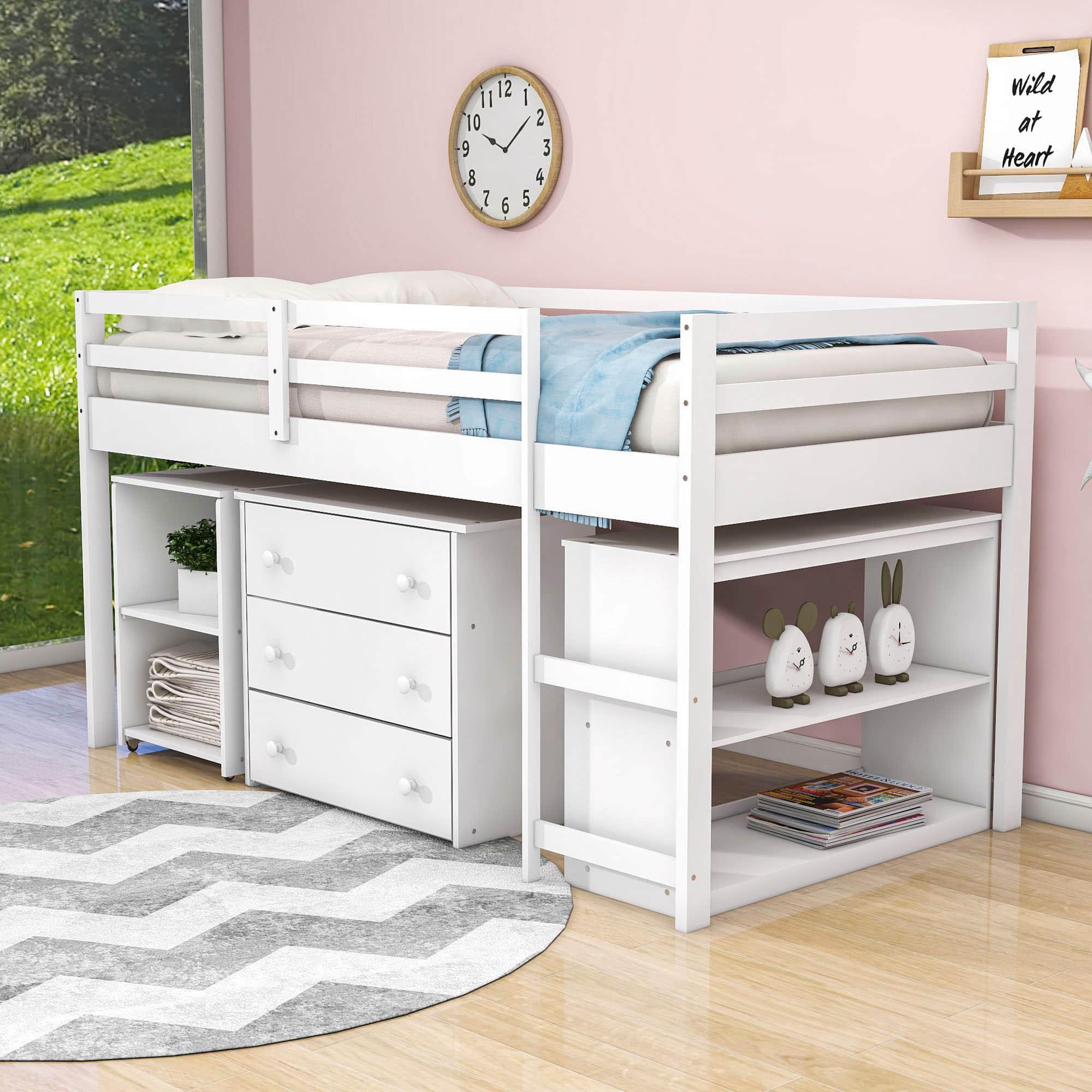 Montessori Twin Low Loft Bed with Desk and Storage for Kids - [Shelves, Dresser, Drawers, Ladder, Wood]