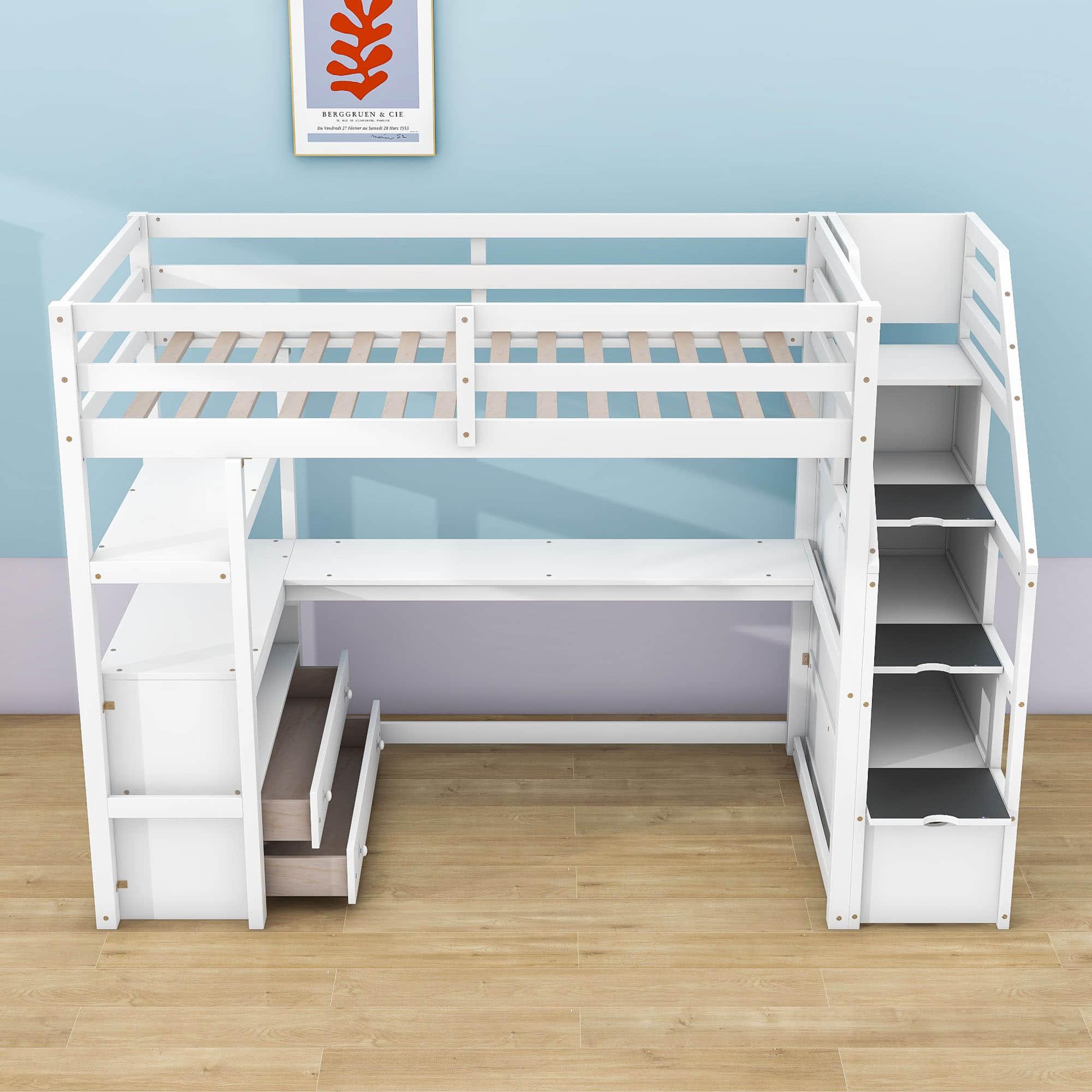 Twin Loft Bed with Desk and Stairs, Storage for Kids, Adults - [Wooden]