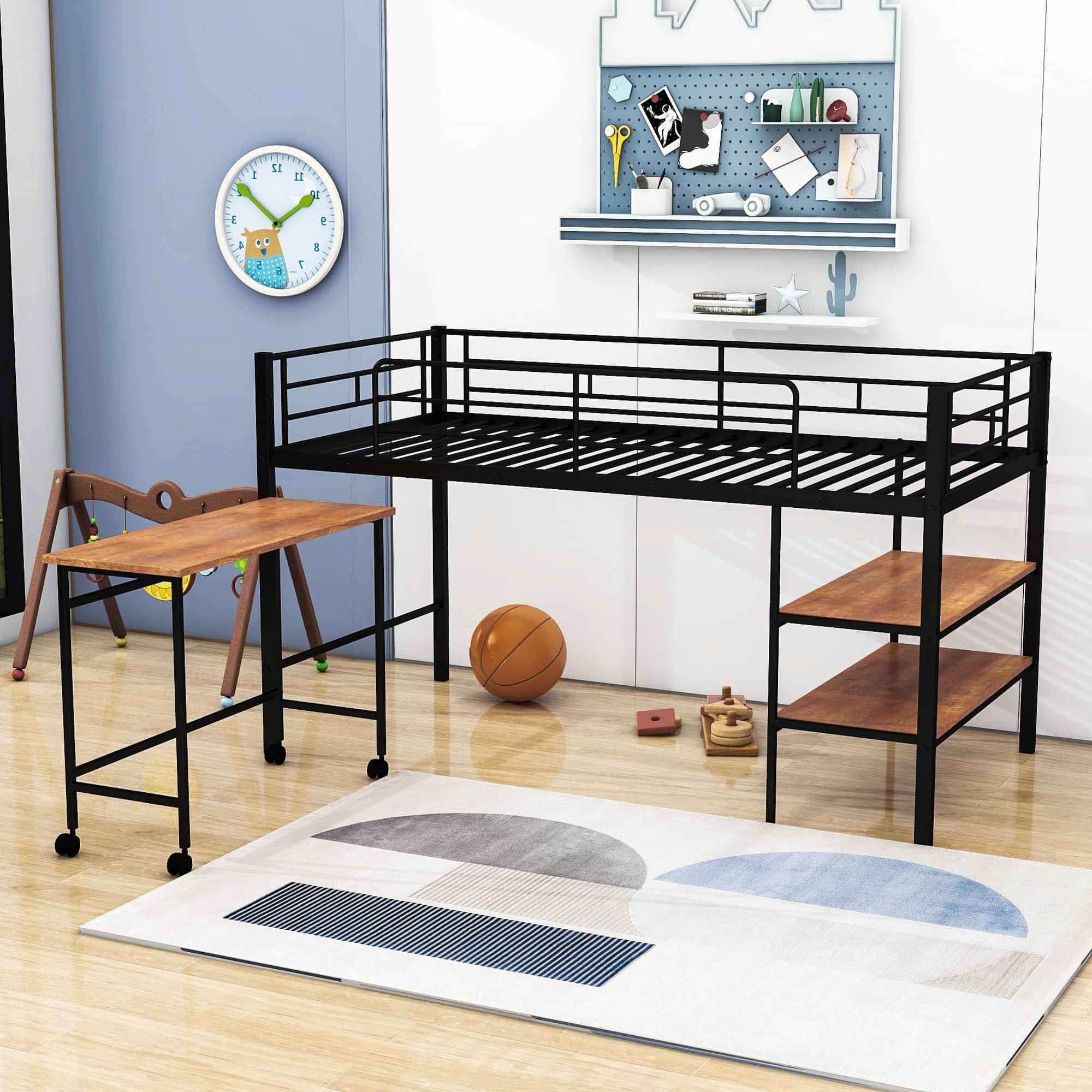 Metal Low Twin Loft Bed with Desk and Storage Shelves for Kids