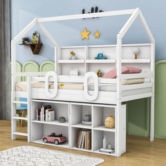 Low Kids Twin Loft House Bed with Storage Shelves - [Wooden]