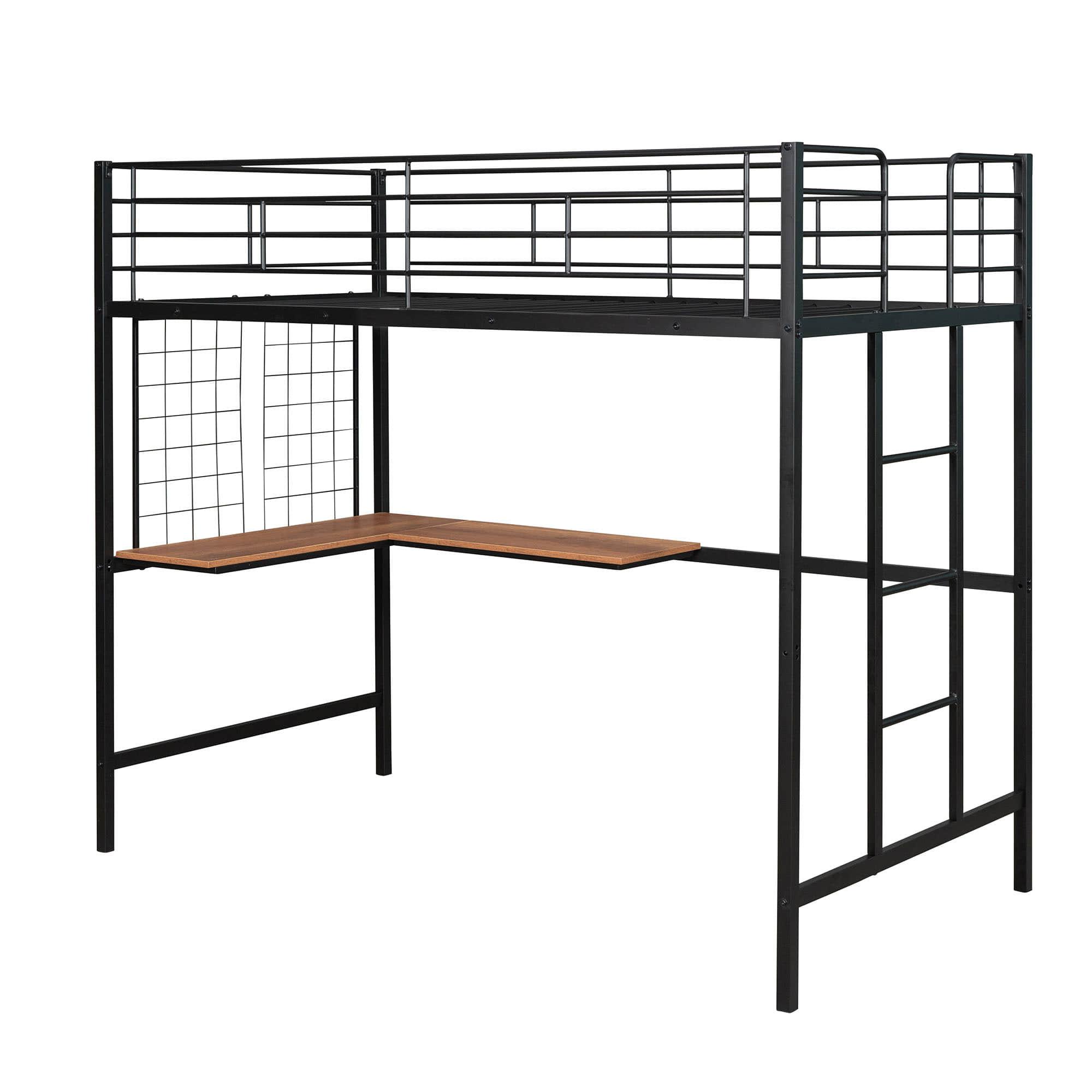 Twin Metal Loft Bed Frame with L-Shaped Desk and Grid