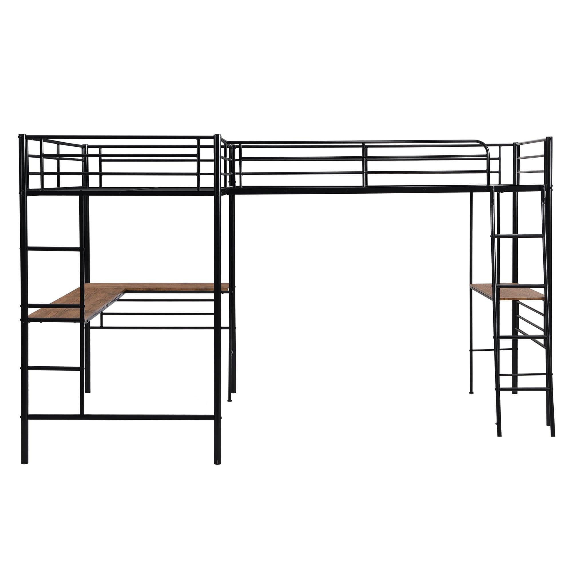 L-Shaped Double Black Metal Twin Loft Bed with Desks for 2 Person - [Corner]