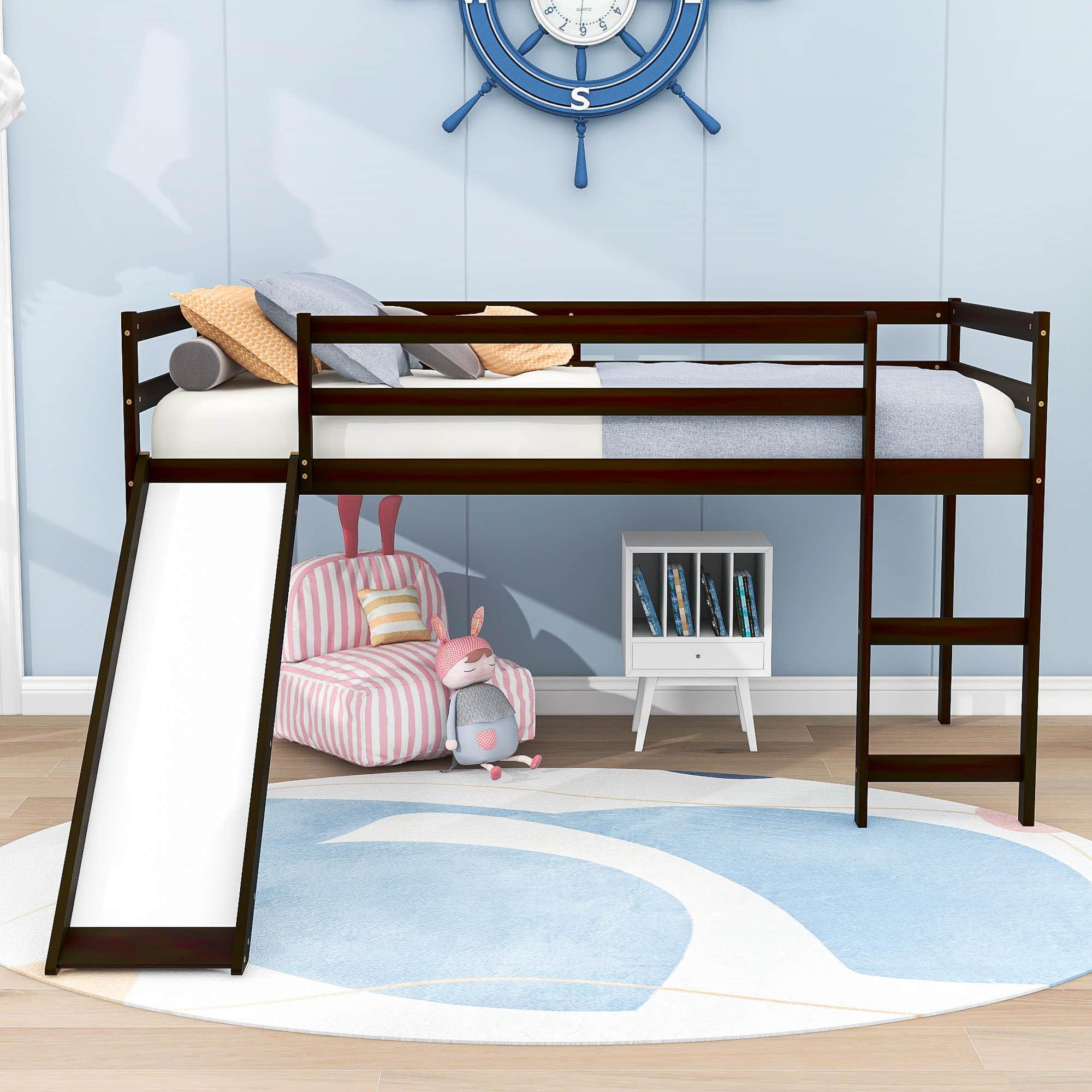 Wood Low Twin Loft Bed for Kids, Toddler with Slide