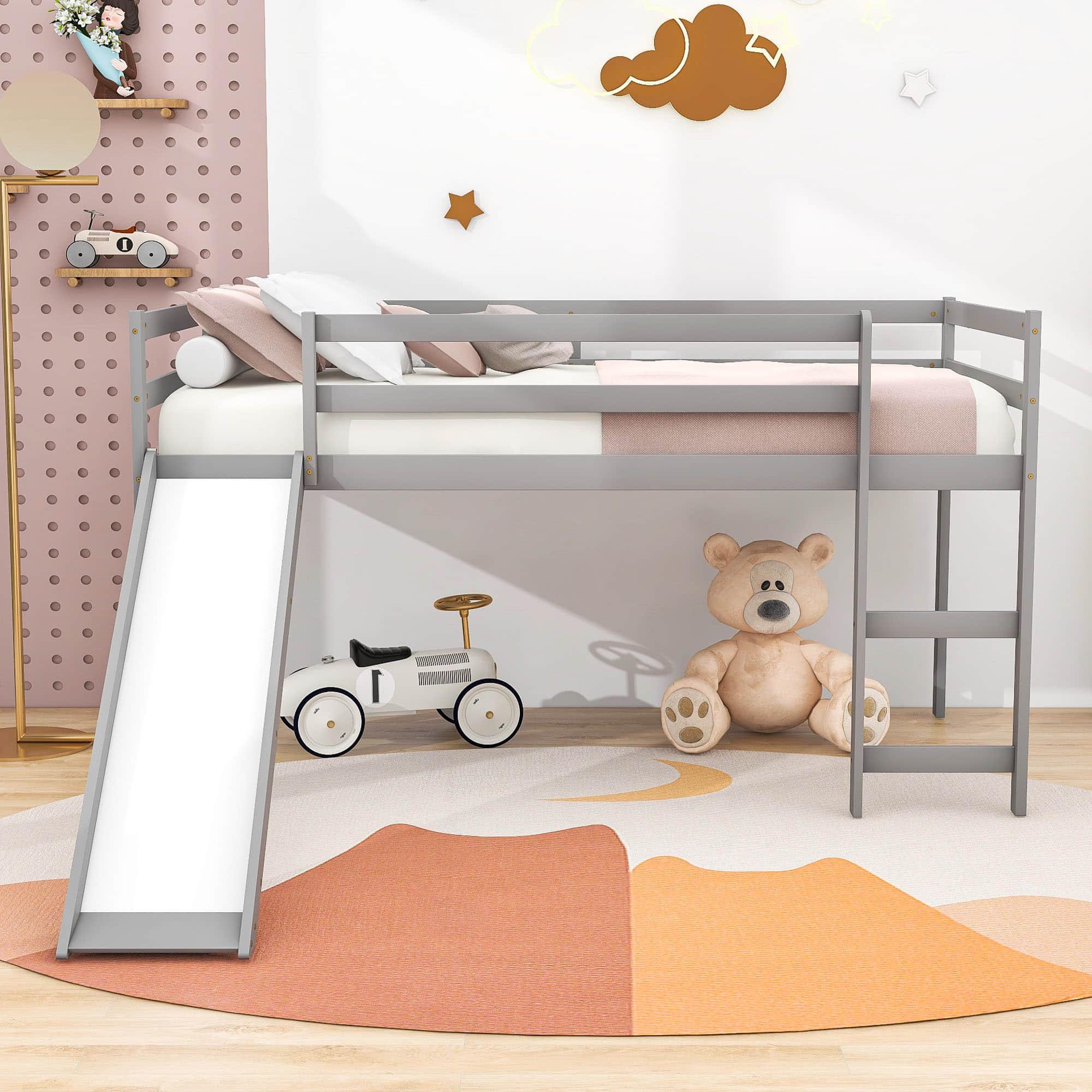 Wood Low Twin Loft Bed for Kids, Toddler with Slide