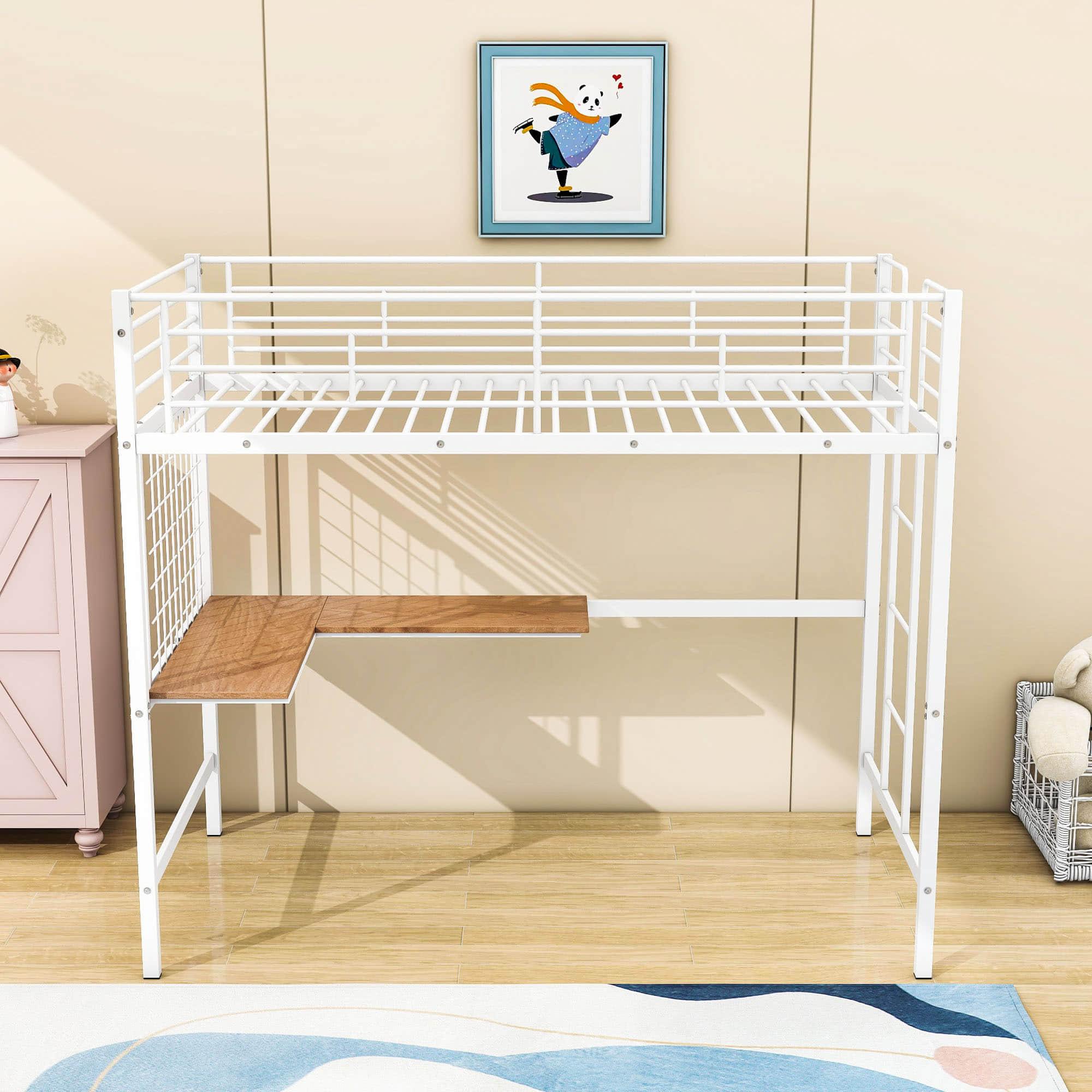 Twin Metal Loft Bed Frame with L-Shaped Desk and Grid