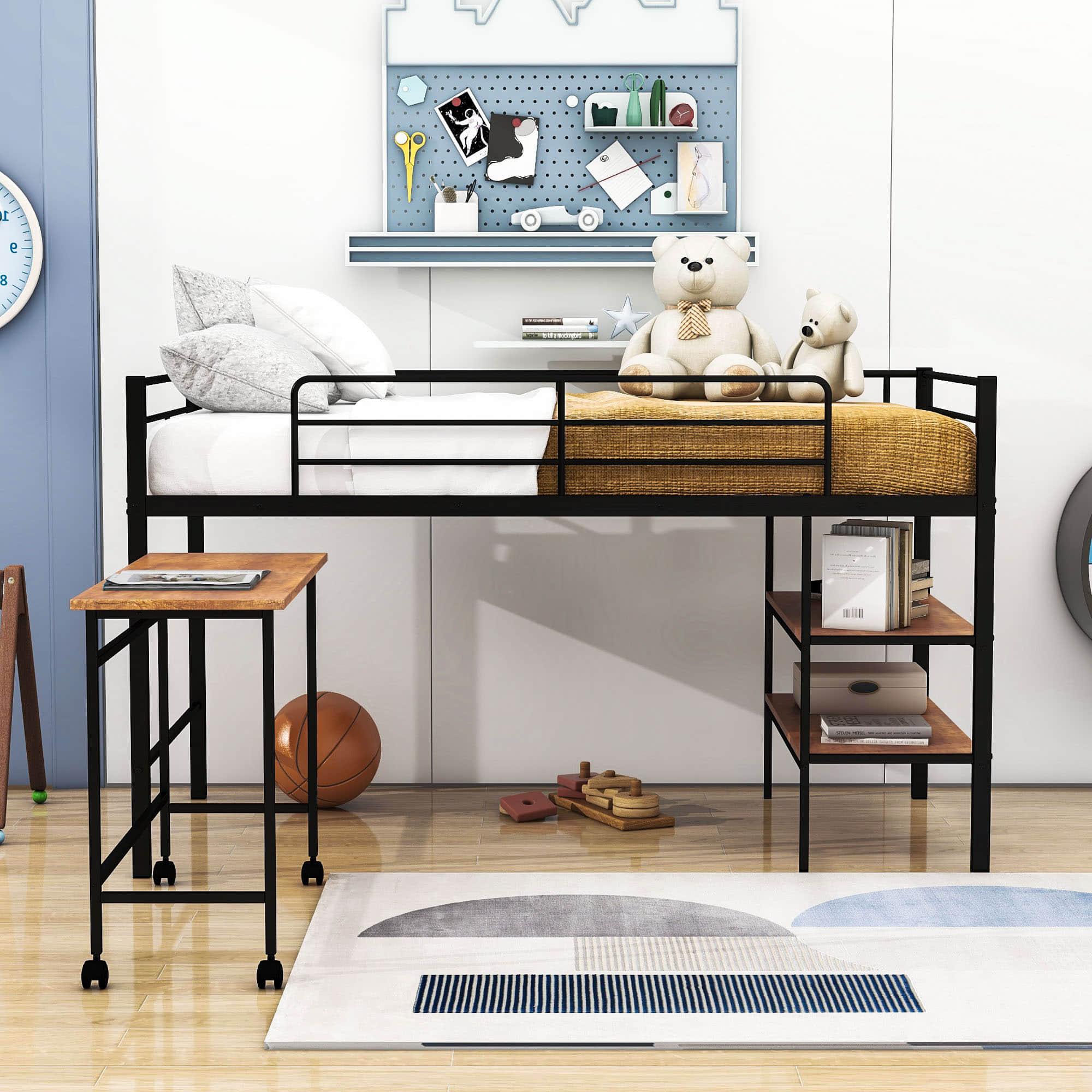 Metal Low Twin Loft Bed with Desk and Storage Shelves for Kids