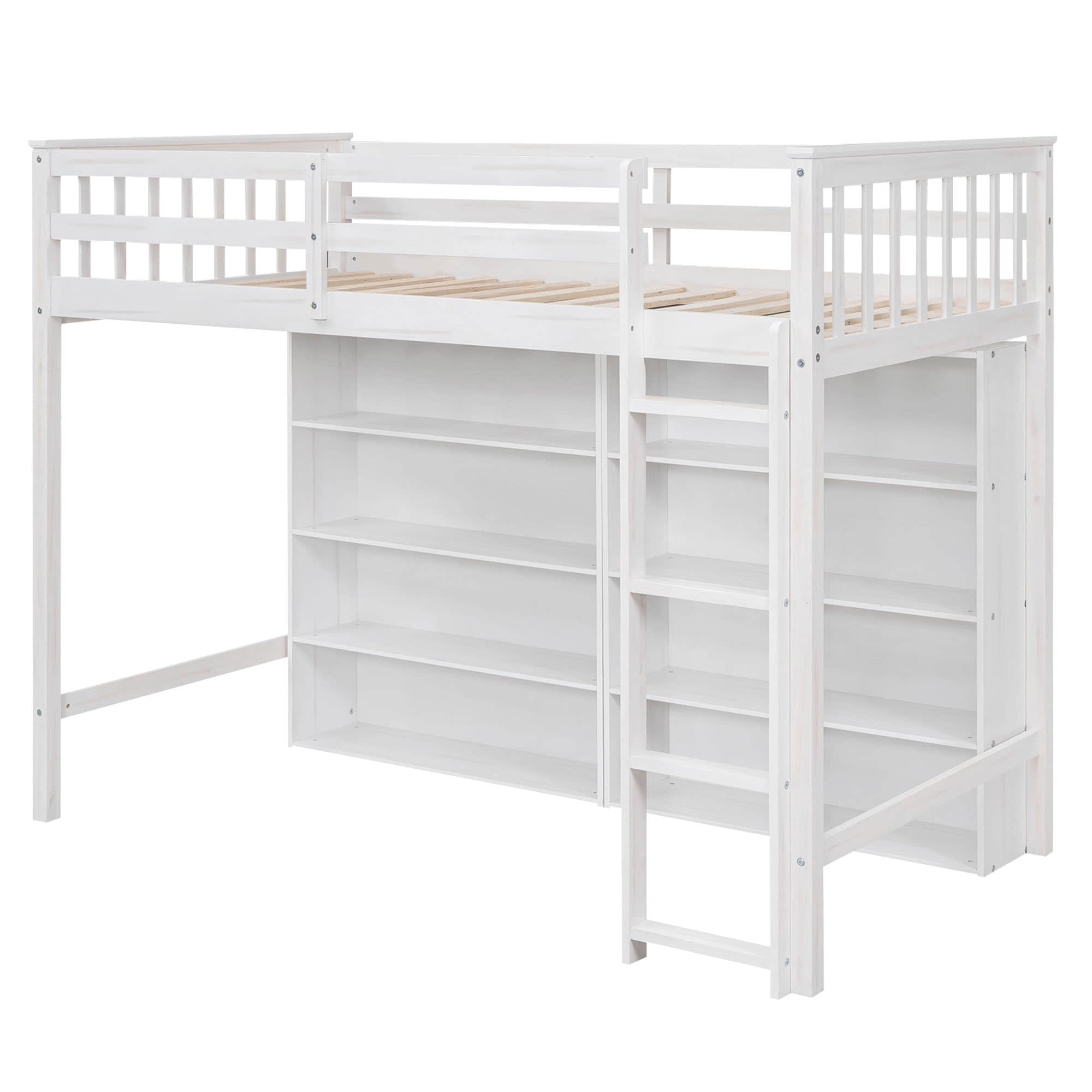 Wood Twin Loft Bed with Large Open Storage Shelves for Adults, Kids