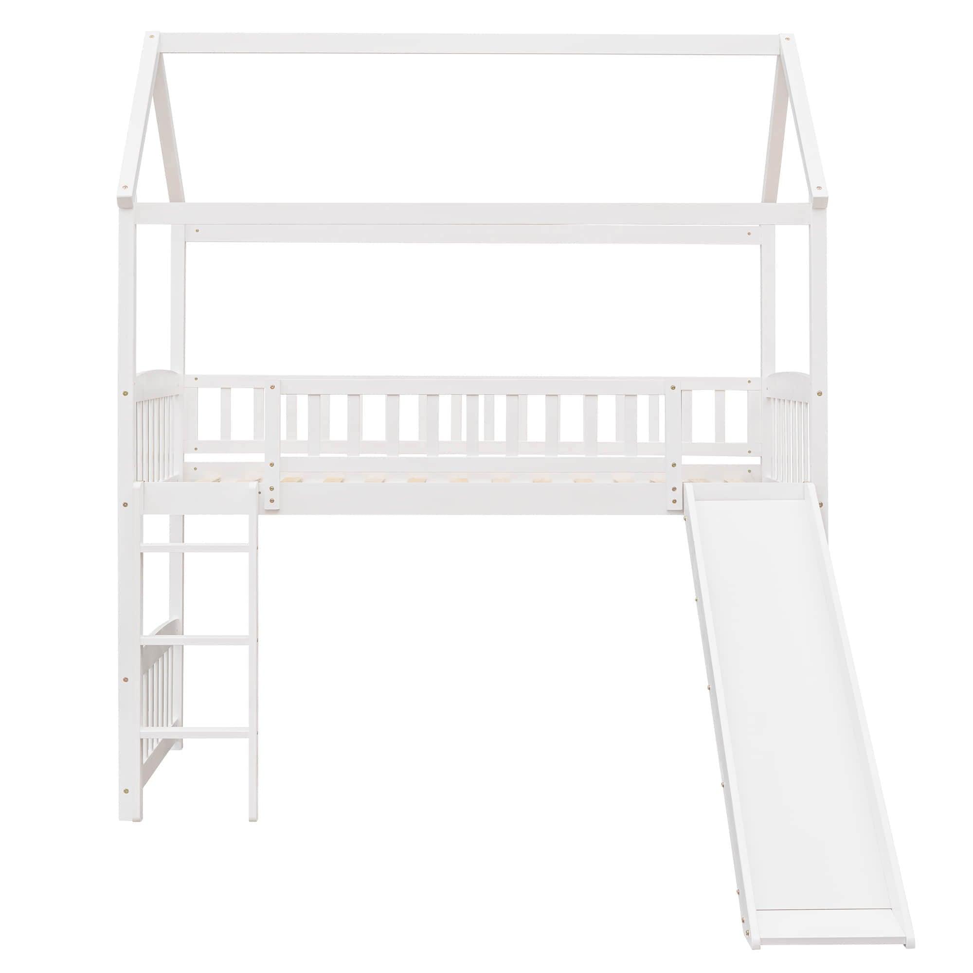 Twin Size Low House Loft Bed with Slide for Kids - [Wood]