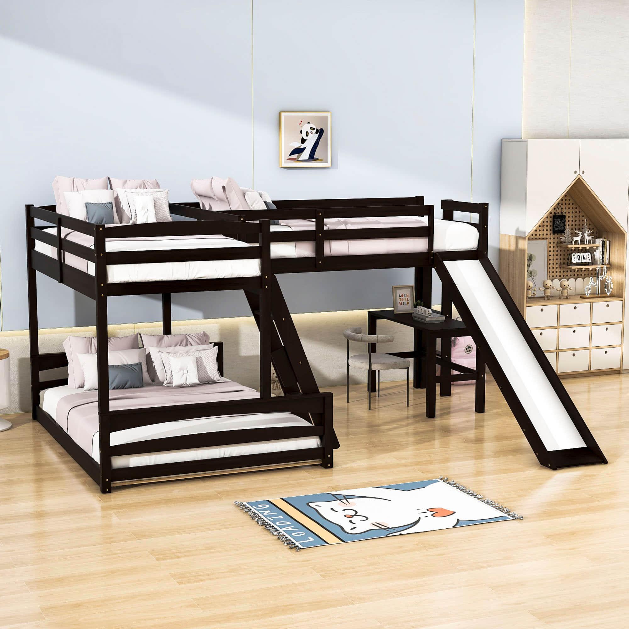 Wood Twin Over Full L-Shaped Low Bunk Bed with Twin Loft Bed with Desk and Slide