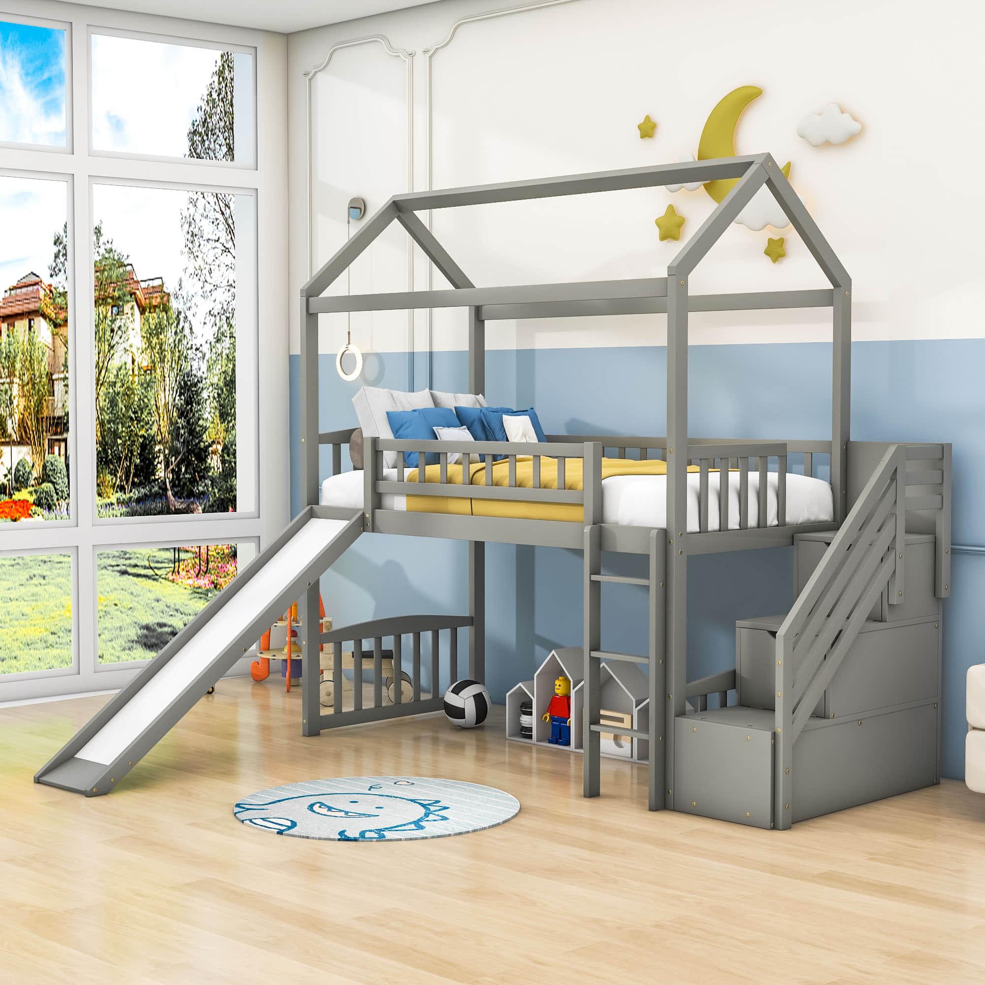 Kids Twin Playhouse Loft Bed with Storage Stairs and Slide - [Wood, Low]