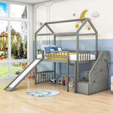 Kids Twin Playhouse Loft Bed with Storage Stairs and Slide - [Wood, Low]