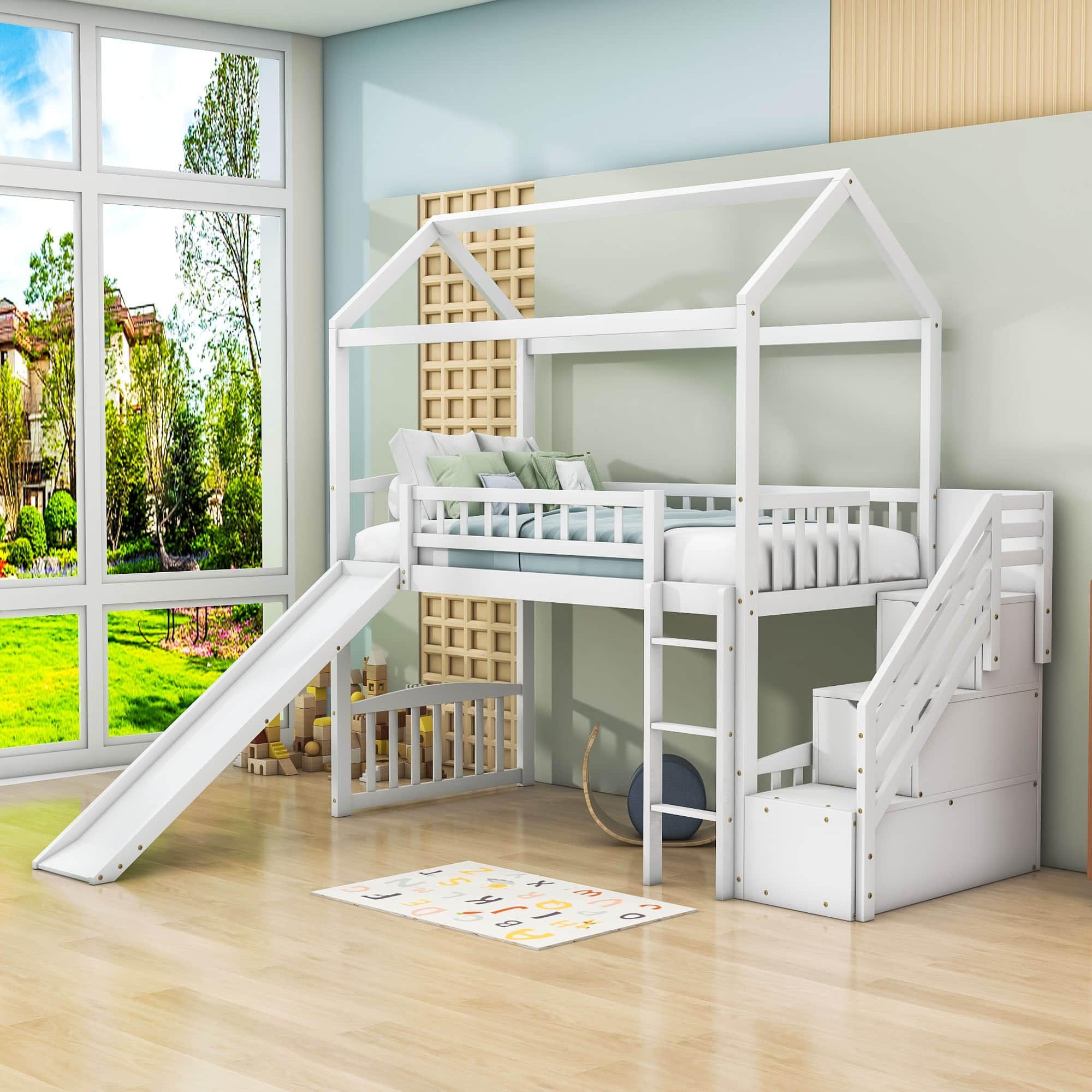 Kids Twin Playhouse Loft Bed with Storage Stairs and Slide - [Wood, Low]