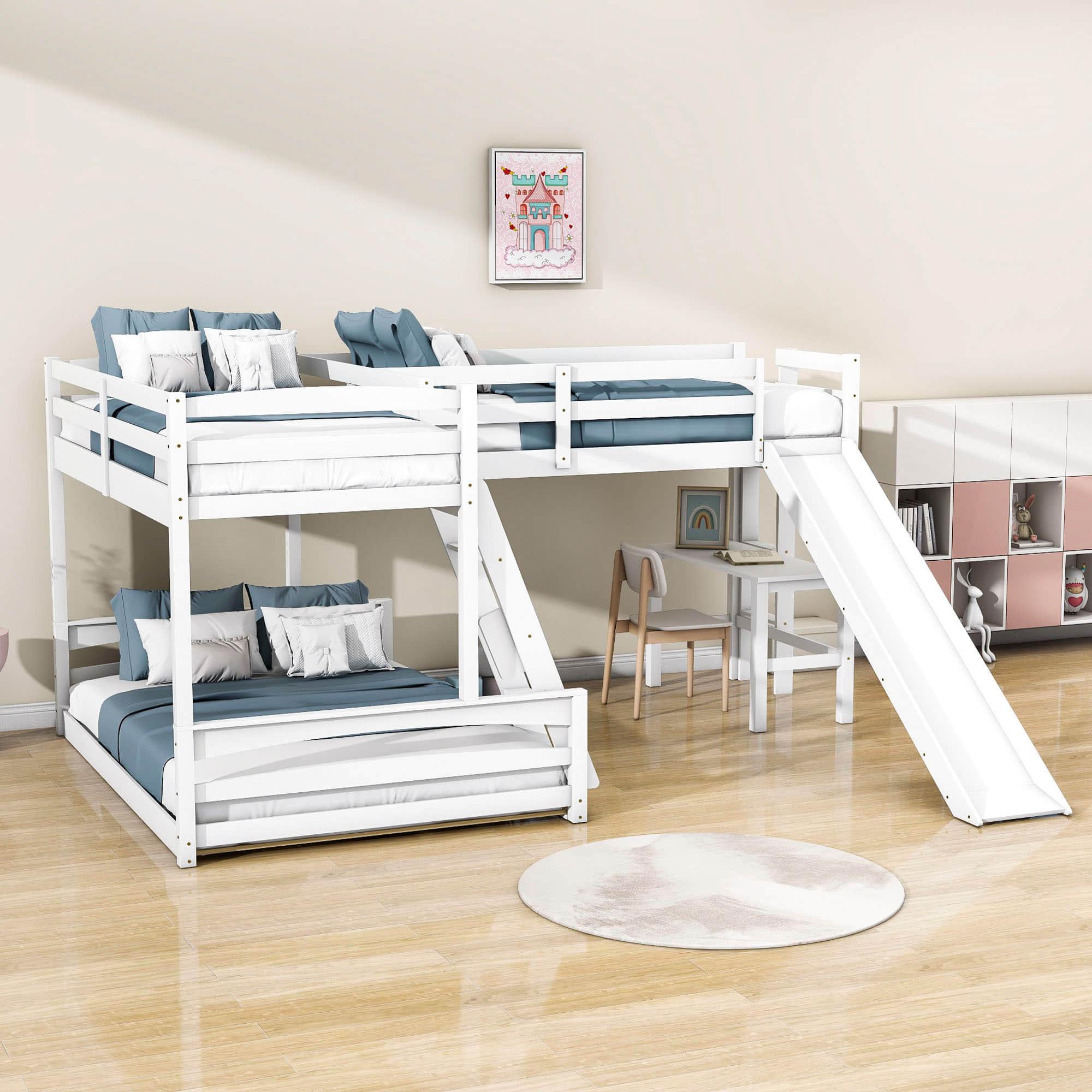 Wood Twin Over Full L-Shaped Low Bunk Bed with Twin Loft Bed with Desk and Slide