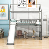 Twin Size Low House Loft Bed with Slide for Kids - [Wood]