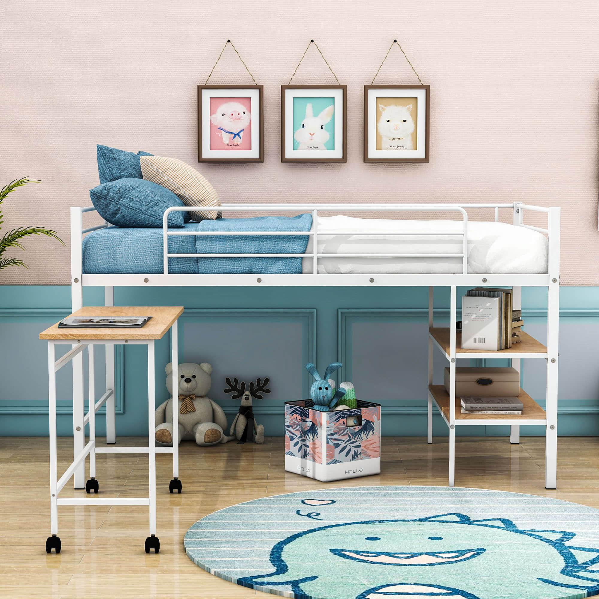 Metal Low Twin Loft Bed with Desk and Storage Shelves for Kids