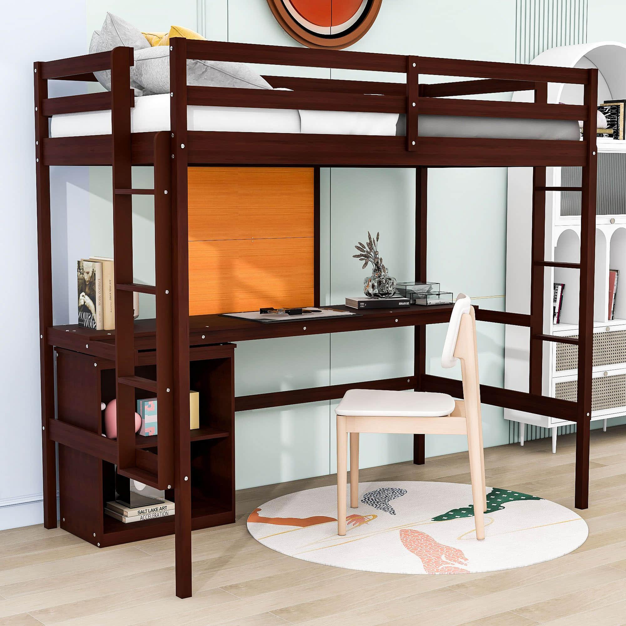 Wood Twin Loft Bed with Desk and Storage for Adults, Kids - [Cabinet]