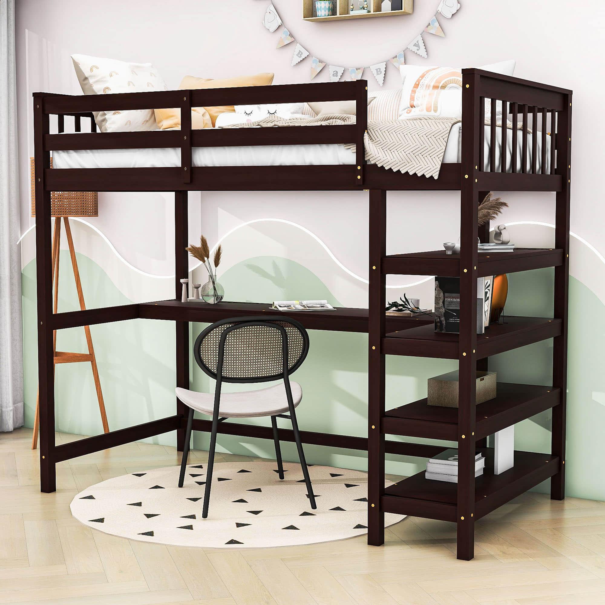 Wood Twin Loft Bed with Desk and Storage for Adults, Teens, Gamers