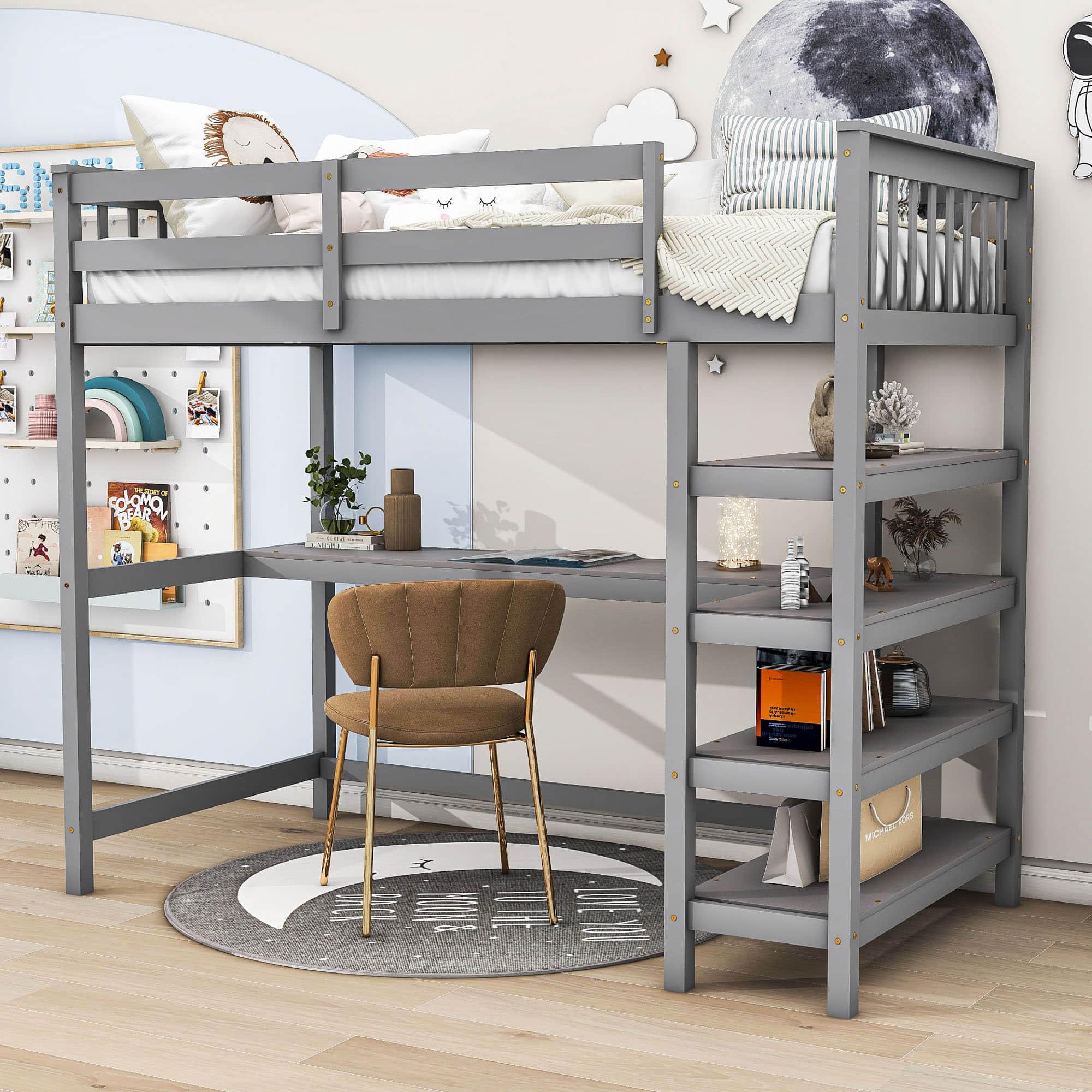 Wood Twin Loft Bed with Desk and Storage for Adults, Teens, Gamers