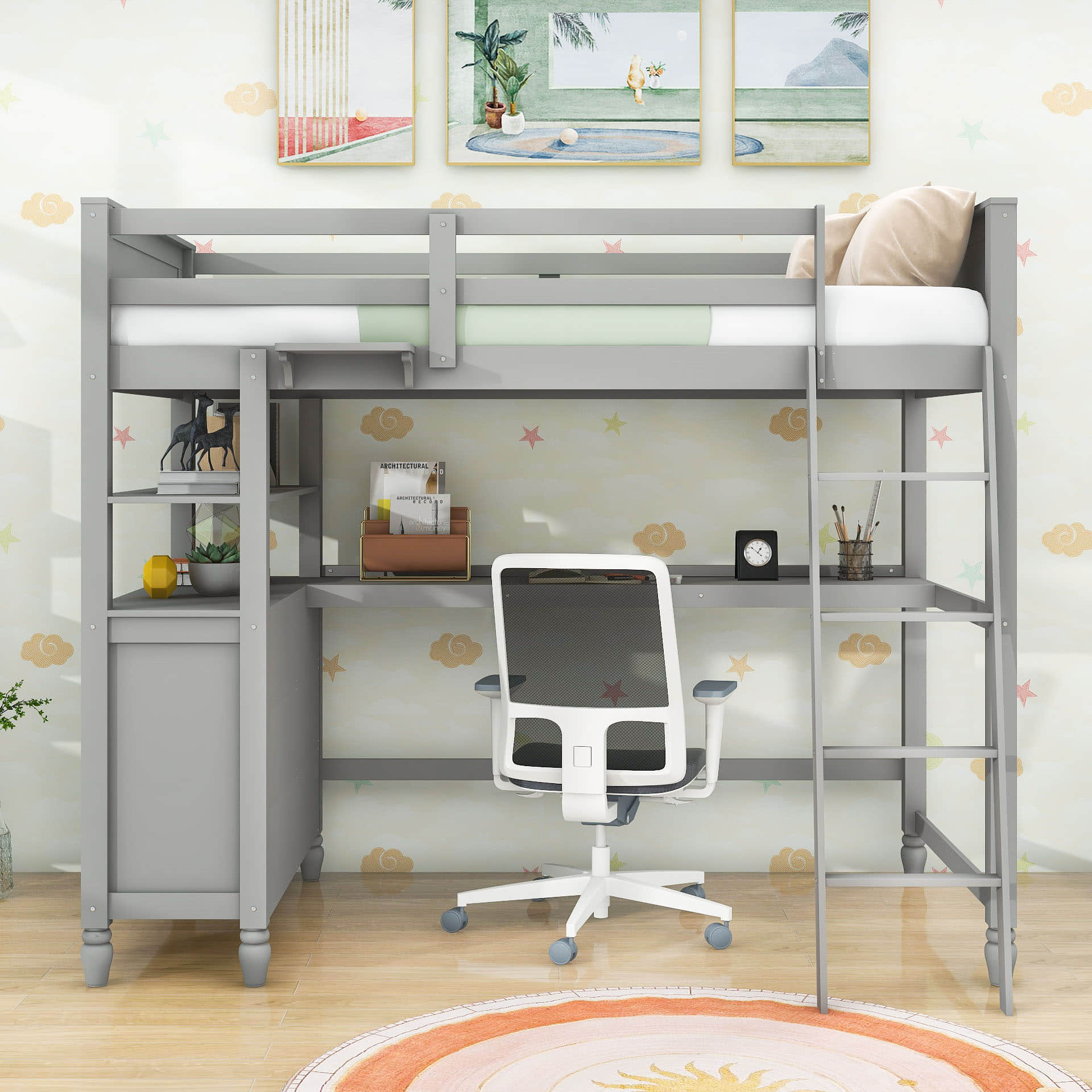 Twin Size Convertible Loft Bed with Desk and Storage - [Dresser, Shelves]