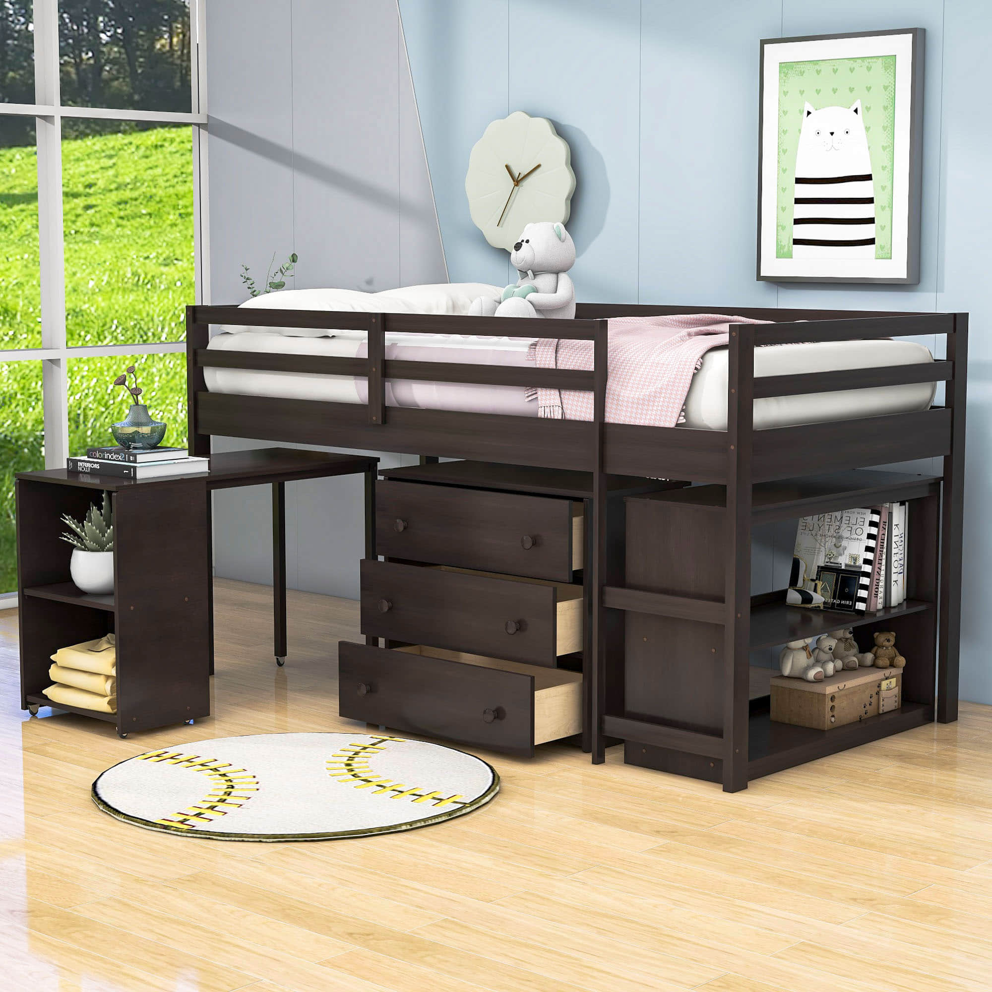 Montessori Twin Low Loft Bed with Desk and Storage for Kids - [Shelves, Dresser, Drawers, Ladder, Wood]