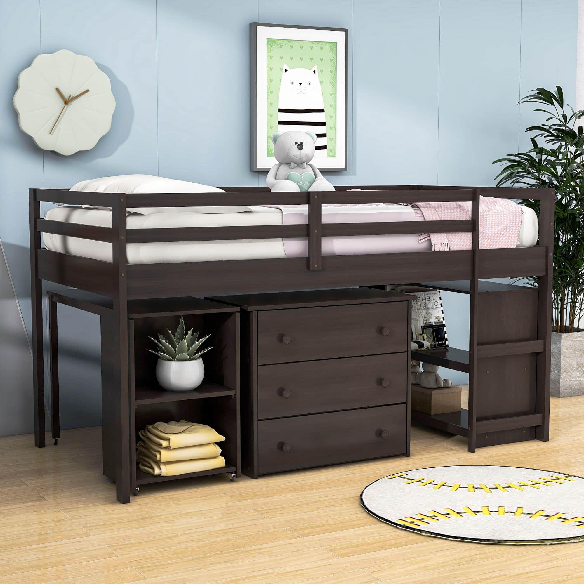 Montessori Twin Low Loft Bed with Desk and Storage for Kids - [Shelves, Dresser, Drawers, Ladder, Wood]