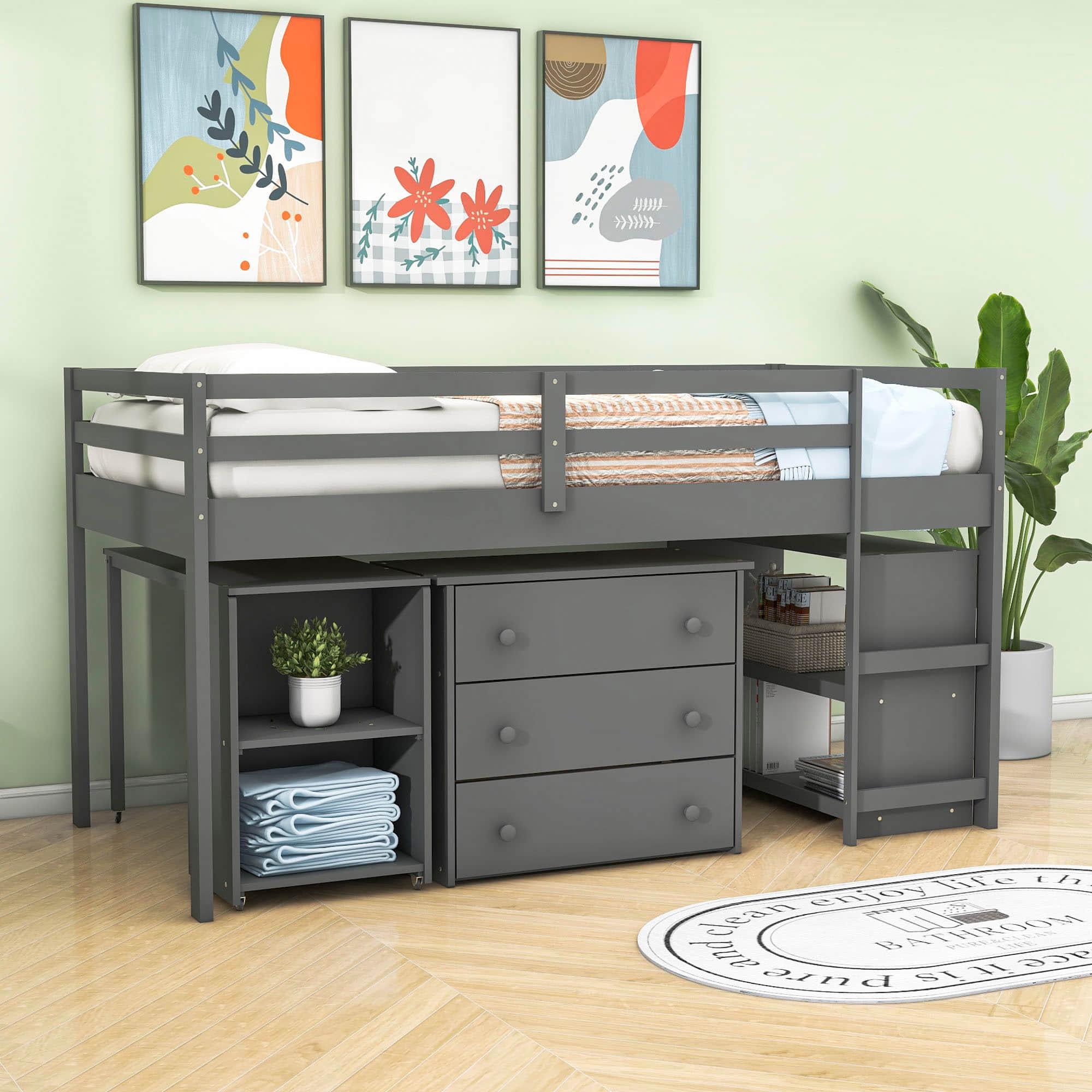 Montessori Twin Low Loft Bed with Desk and Storage for Kids - [Shelves, Dresser, Drawers, Ladder, Wood]