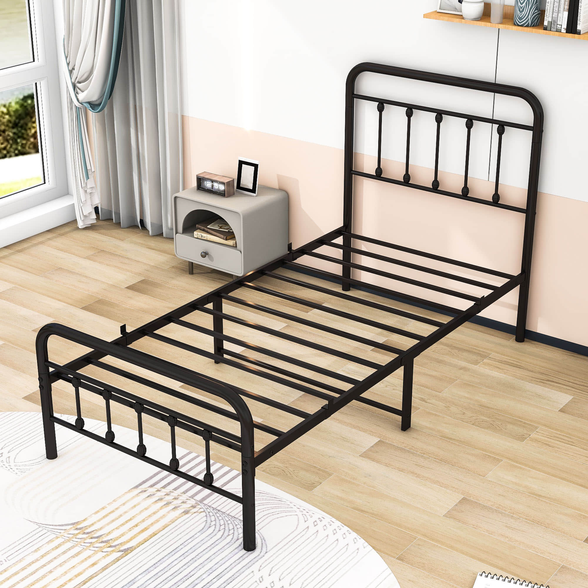 Vintage Twin Size Metal Bed Frame with Slats Headboard