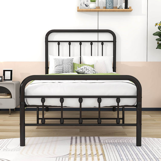 Vintage Twin Size Metal Bed Frame with Slats Headboard