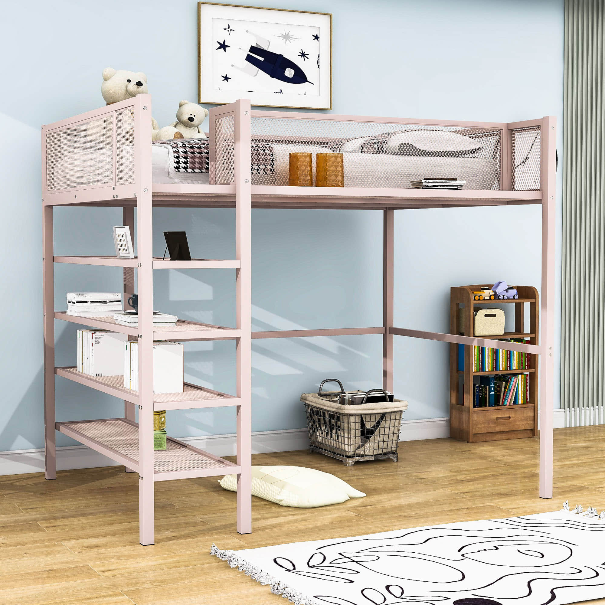 Sturdy Twin Metal Loft Bed Frame with Storage Shelves for Adults, Kids