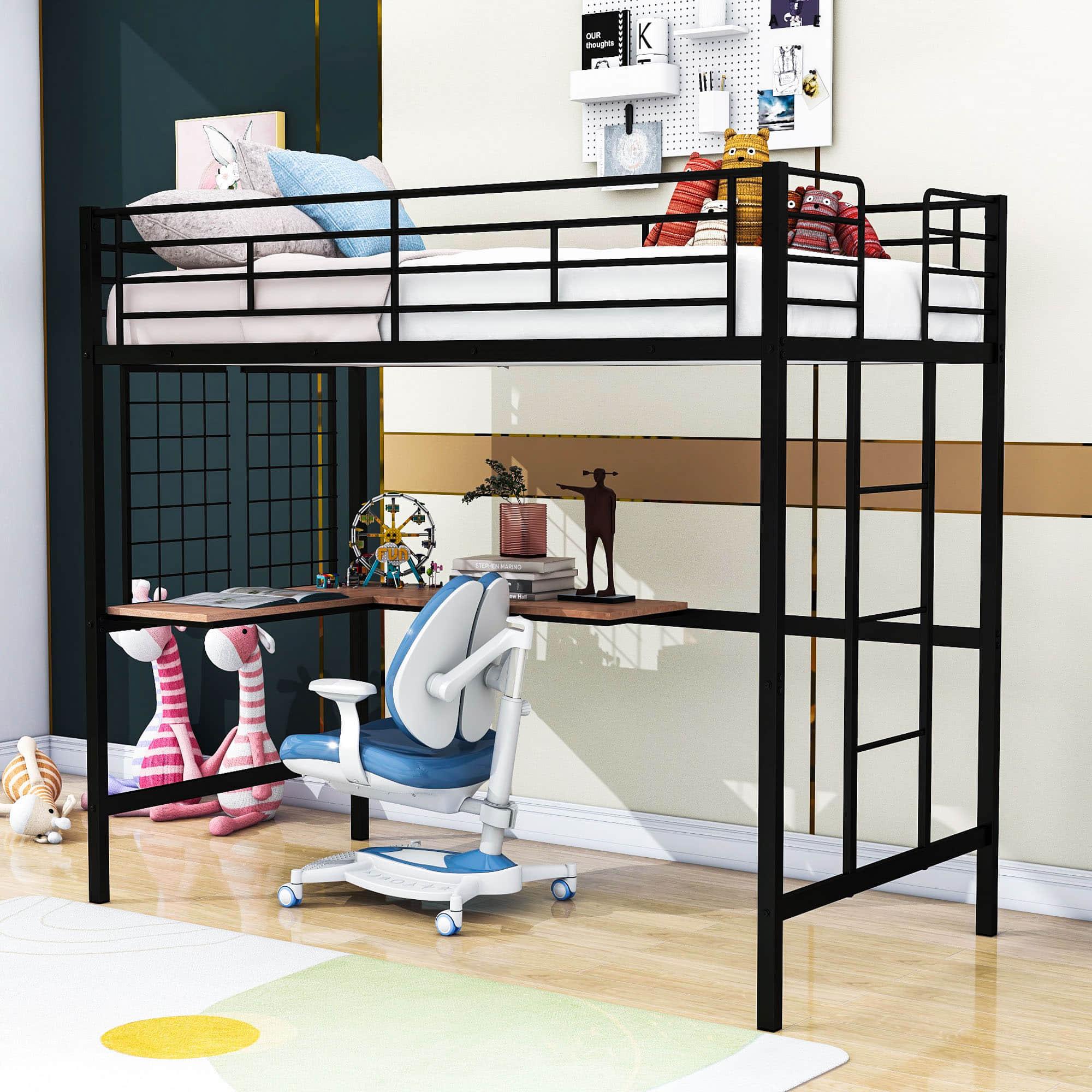 Twin Metal Loft Bed Frame with L-Shaped Desk and Grid