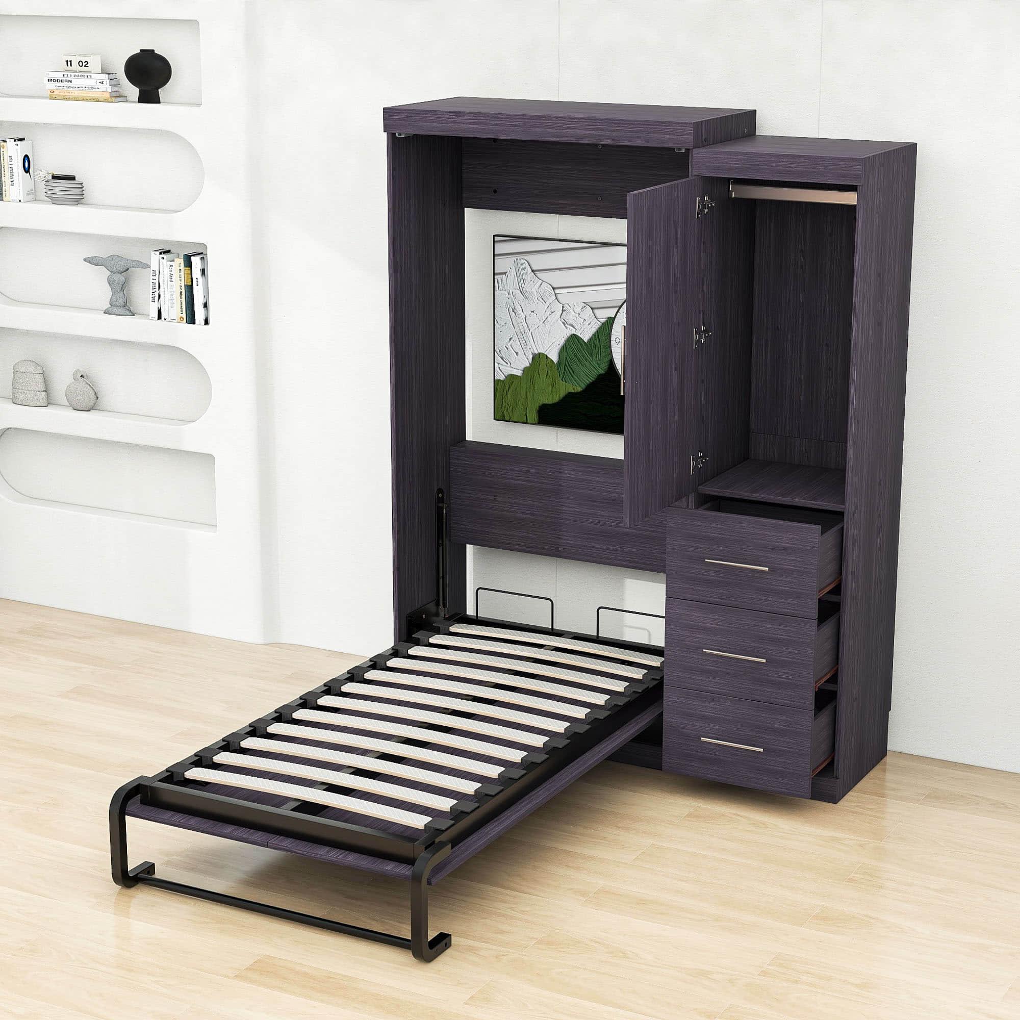 Vintage Twin Size Murphy Bed Cabinet with Storage - [Wardrobe, Drawers]