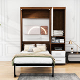 Farmhouse Twin Murphy Bed with Storage Cabinet and Shelves - [Drawers, Wood]