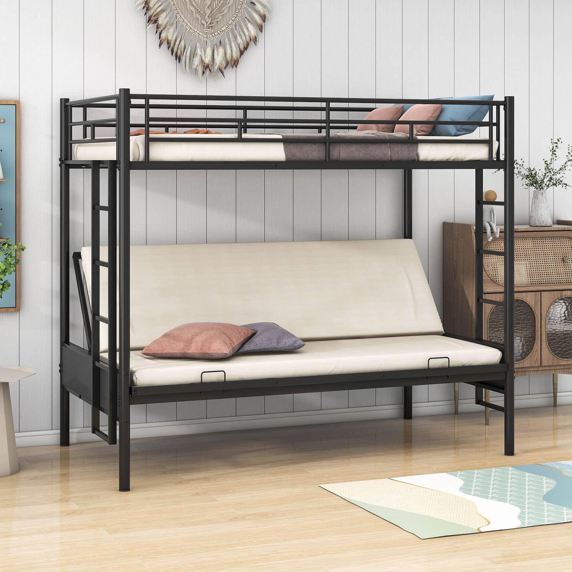 Twin Over Full Futon Bunk Beds with 2 Ladders - [Black, Metal]