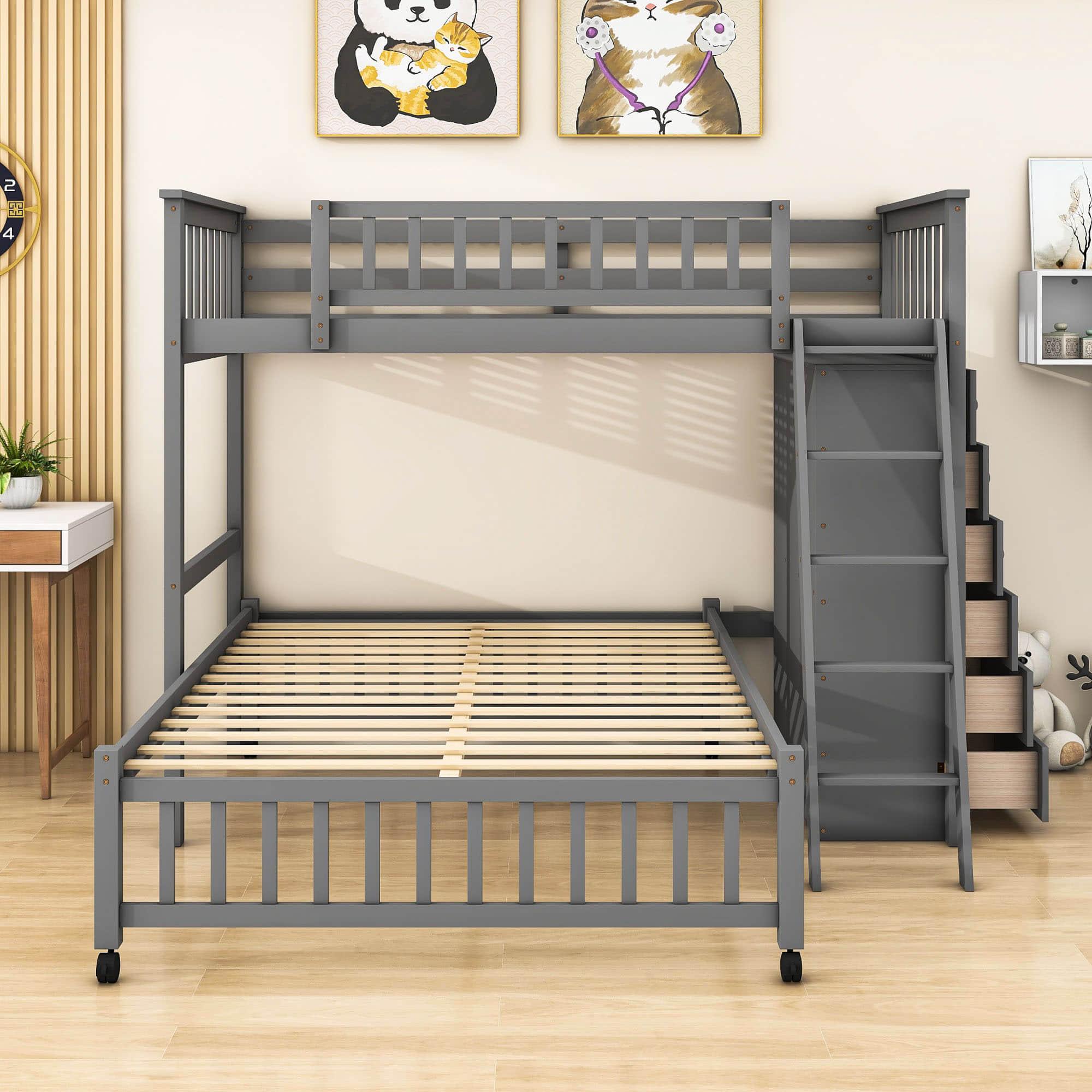 Wooden L-Shaped Twin Over Full Adult Bunk Beds with Storage - [Drawers]