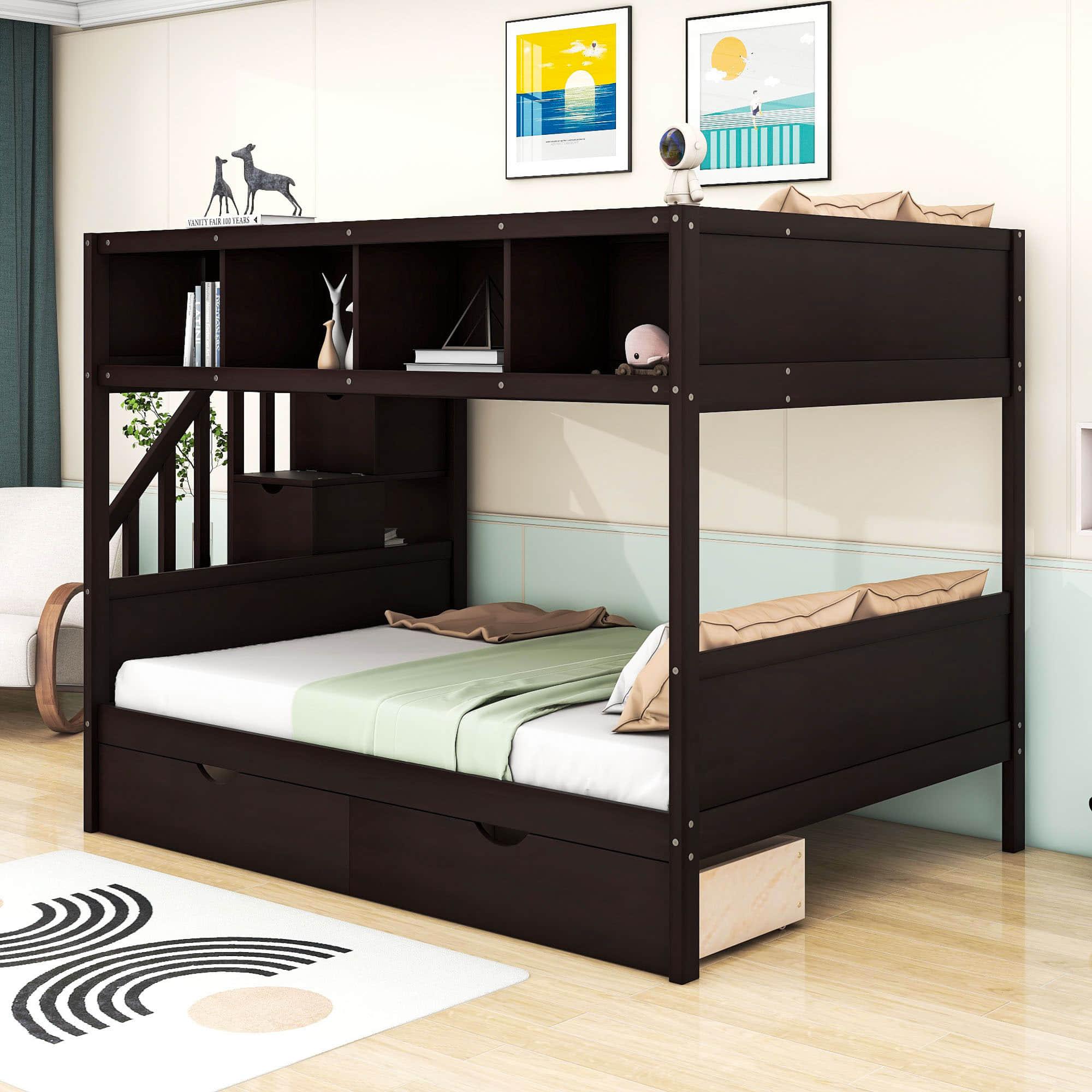 Twin Over Full Bunk Beds with Stairs and Storage for Adults - [Wooden, Drawers, Bookcase]