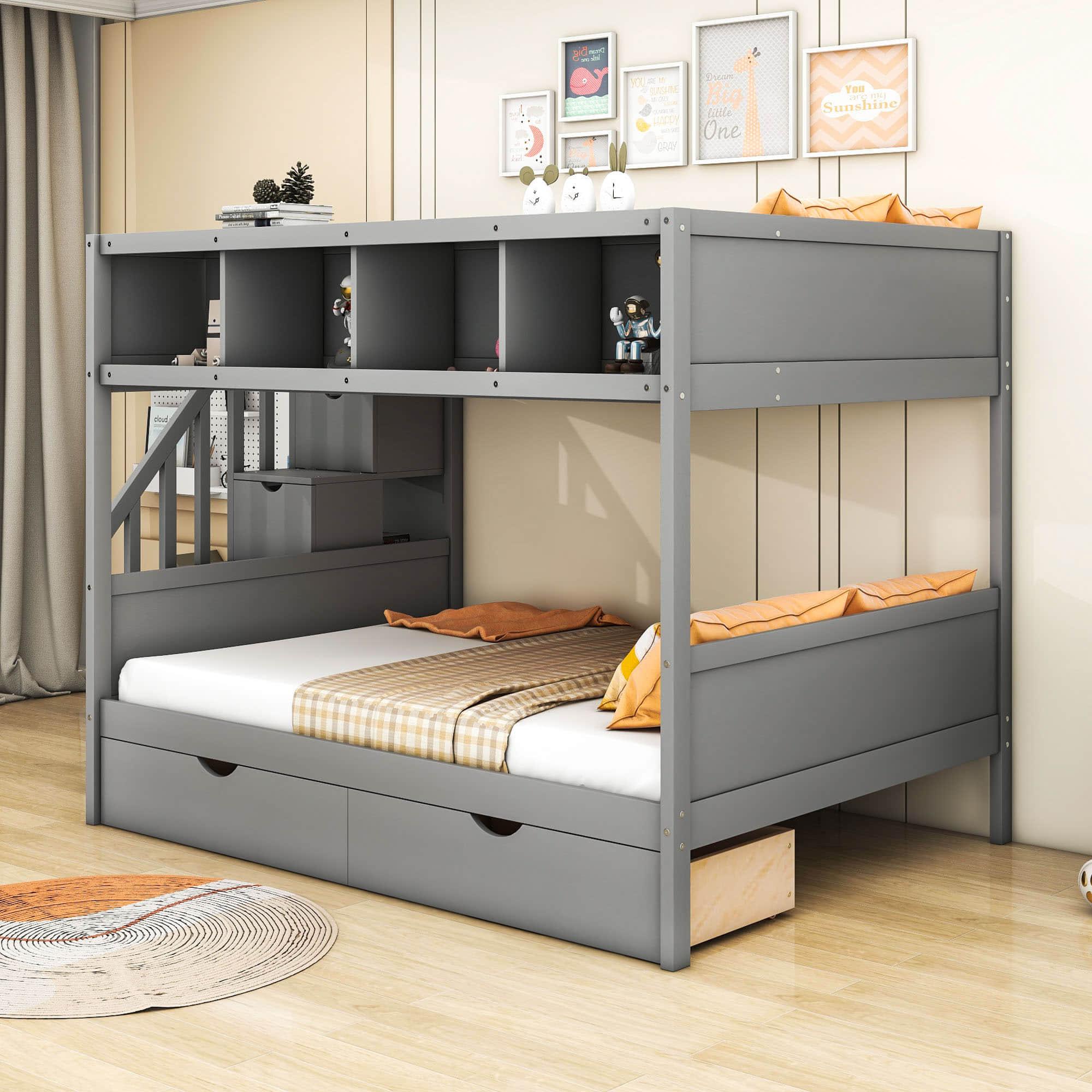 Twin Over Full Bunk Beds with Stairs and Storage for Adults - [Wooden, Drawers, Bookcase]