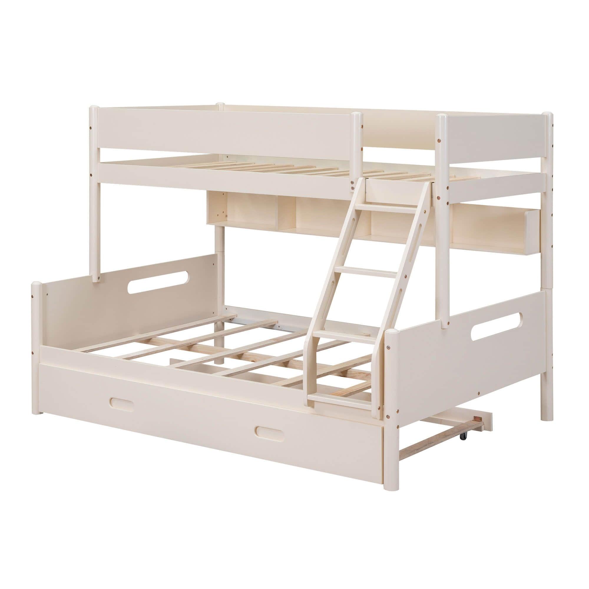 Wooden Twin Over Full Bunk Beds with Trundle and Storage Bookshelves