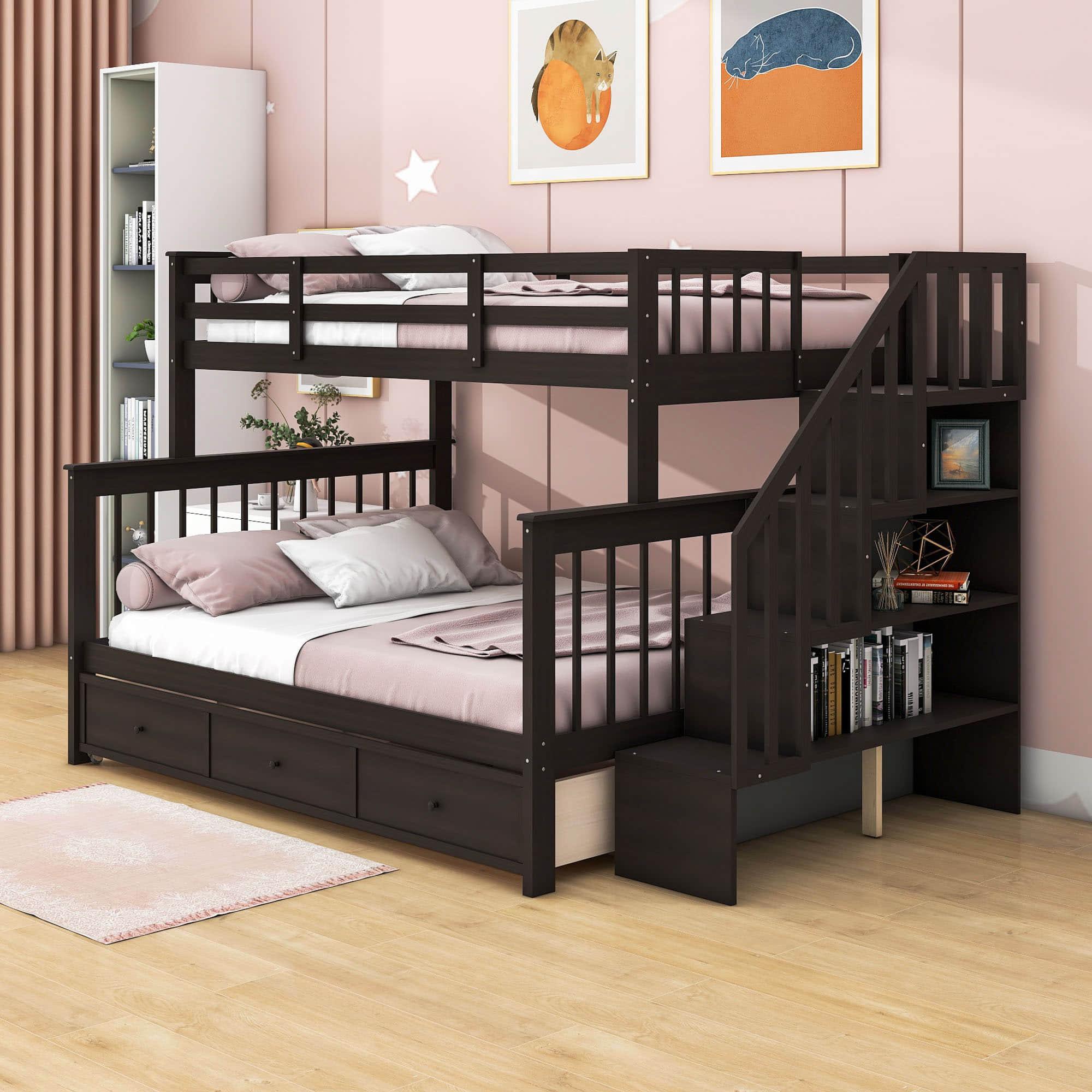 Twin Over Full Bunk Beds with Stairs and Storage Drawers, Shelves - [Convertible]