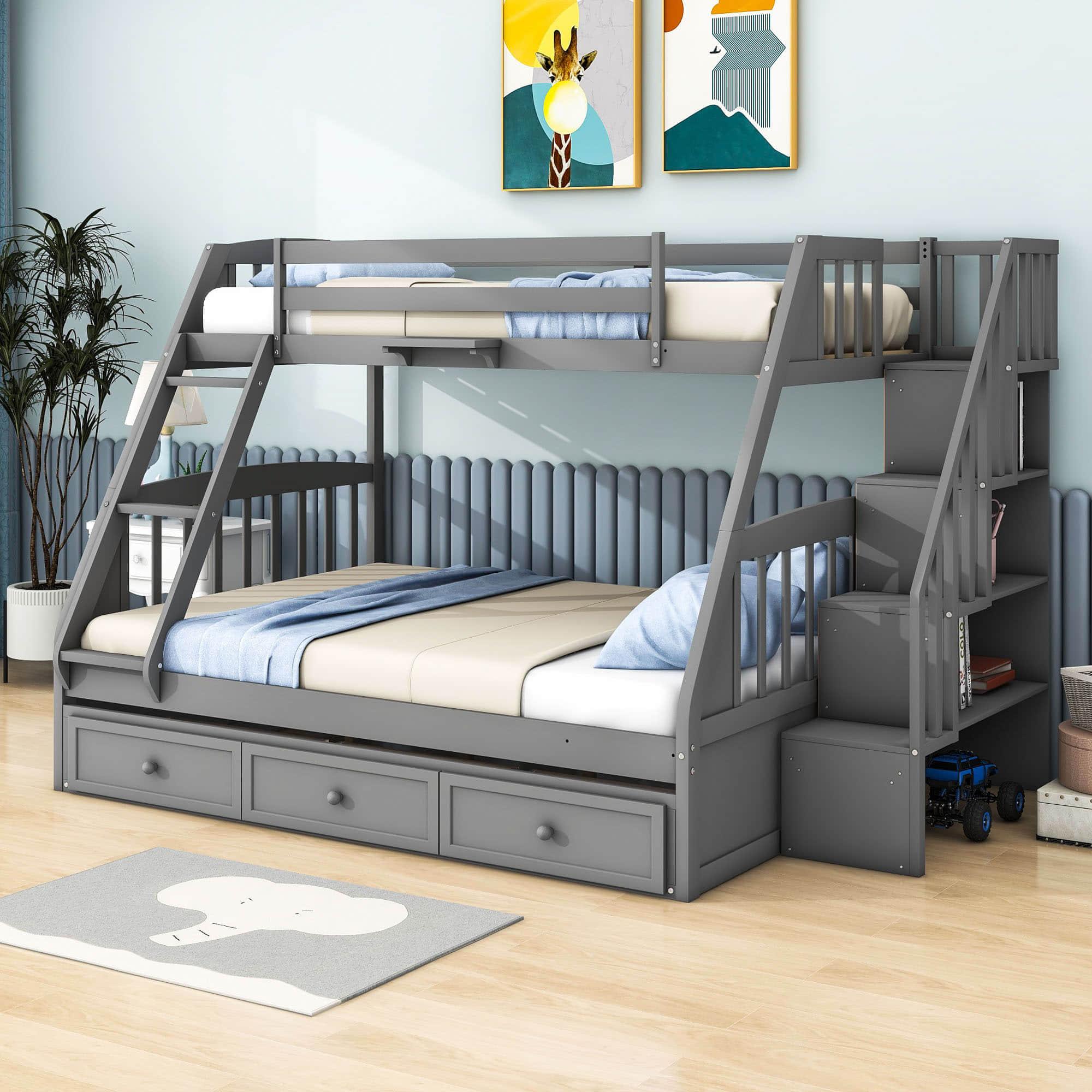 Twin Over Full Bunk Beds with Stairs and Storage Drawers - [Wooden, Convertible]