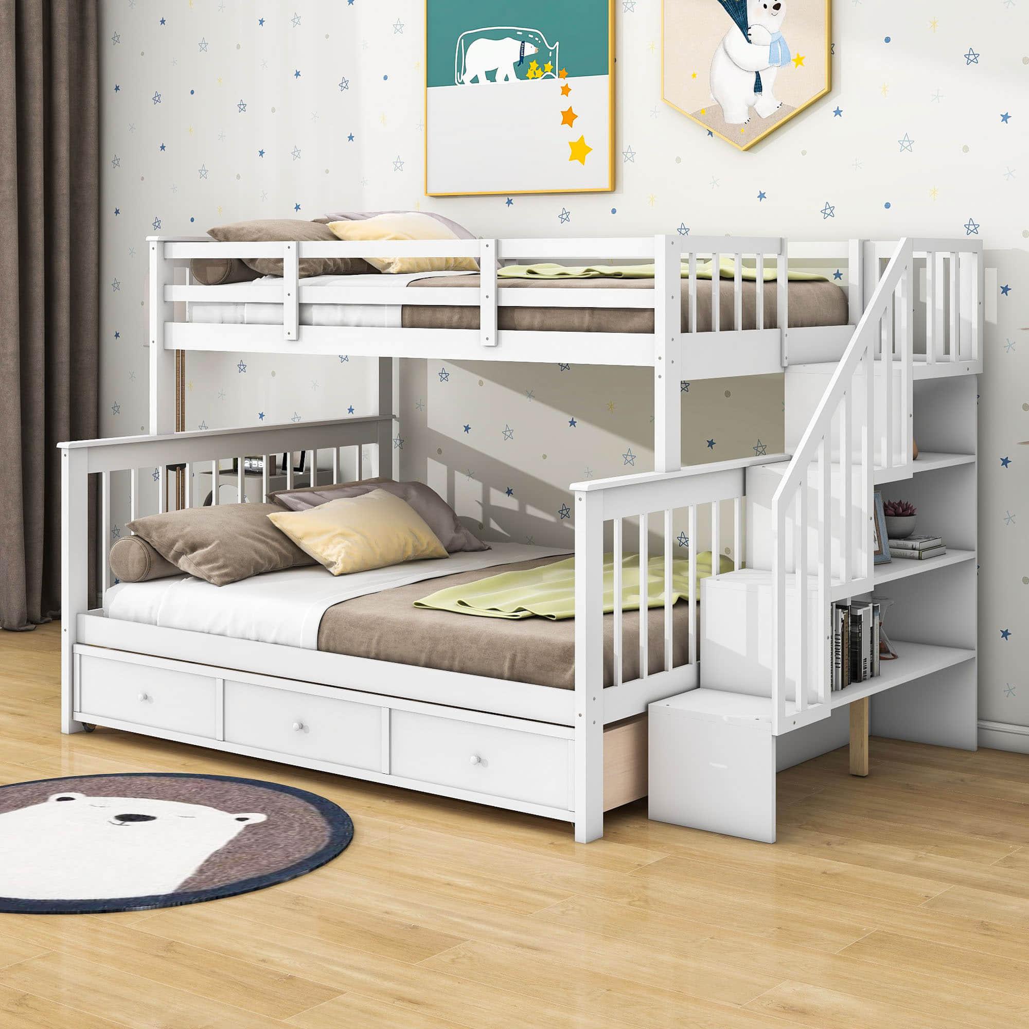 Twin Over Full Bunk Beds with Stairs and Storage Drawers, Shelves - [Convertible]