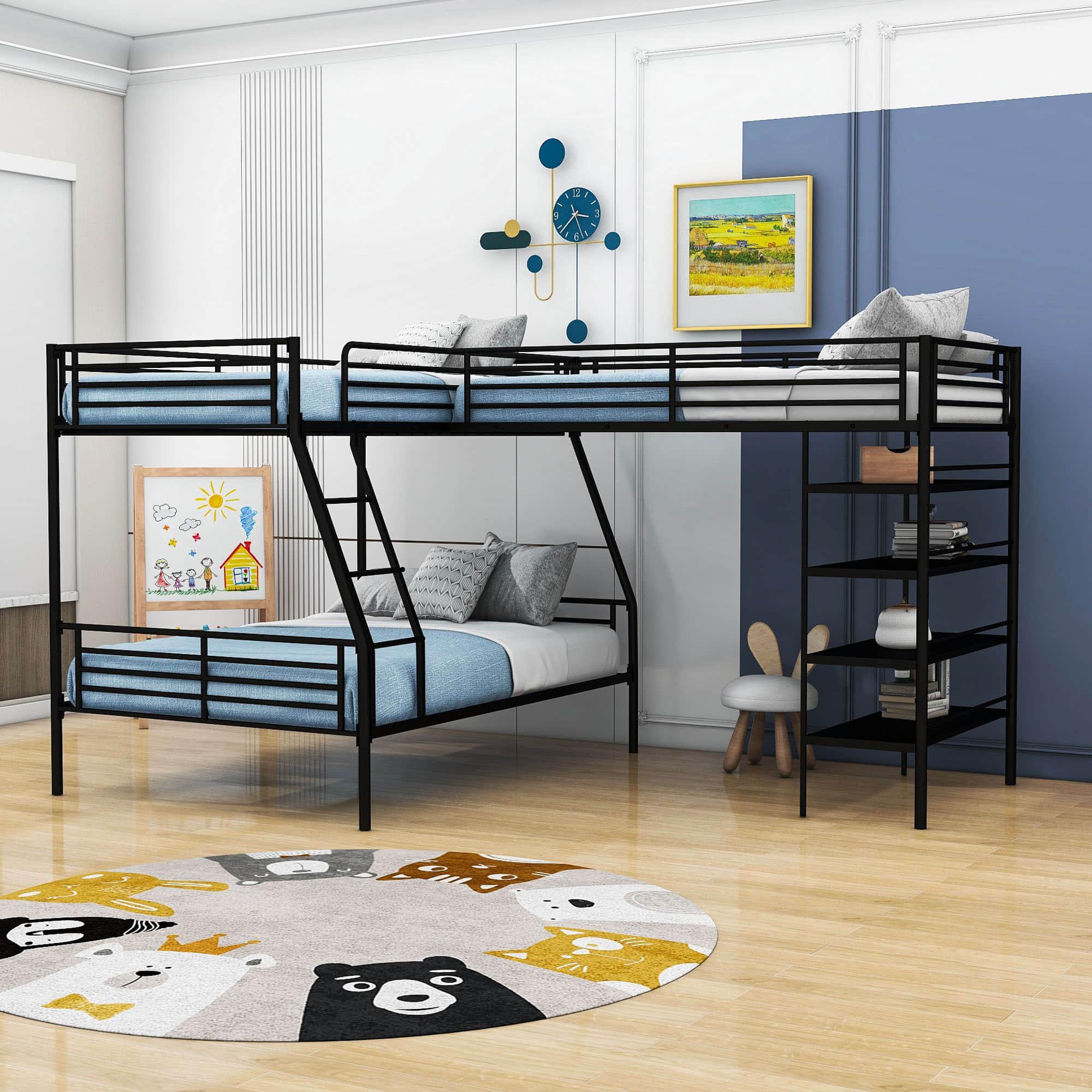 Twin Over Full Loft Triple Bunk Beds with Storage Shelves - [Metal, L-Shaped]