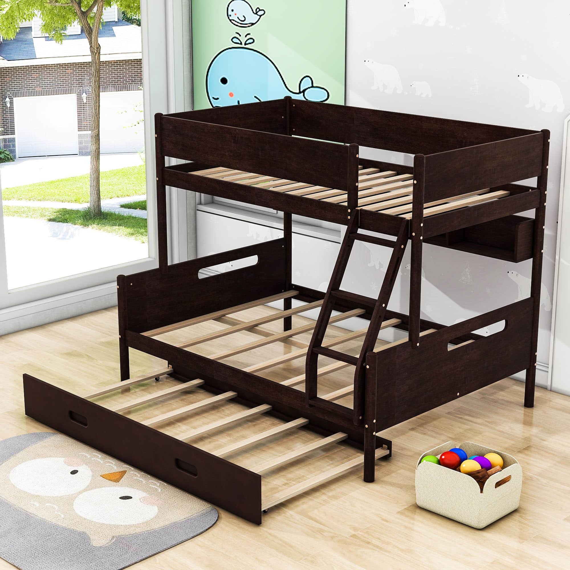 Wooden Twin Over Full Bunk Beds with Trundle and Storage Bookshelves