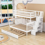 Wooden Twin Over Full Bunk Bed with Stairs and Trundle, Storage Shelves