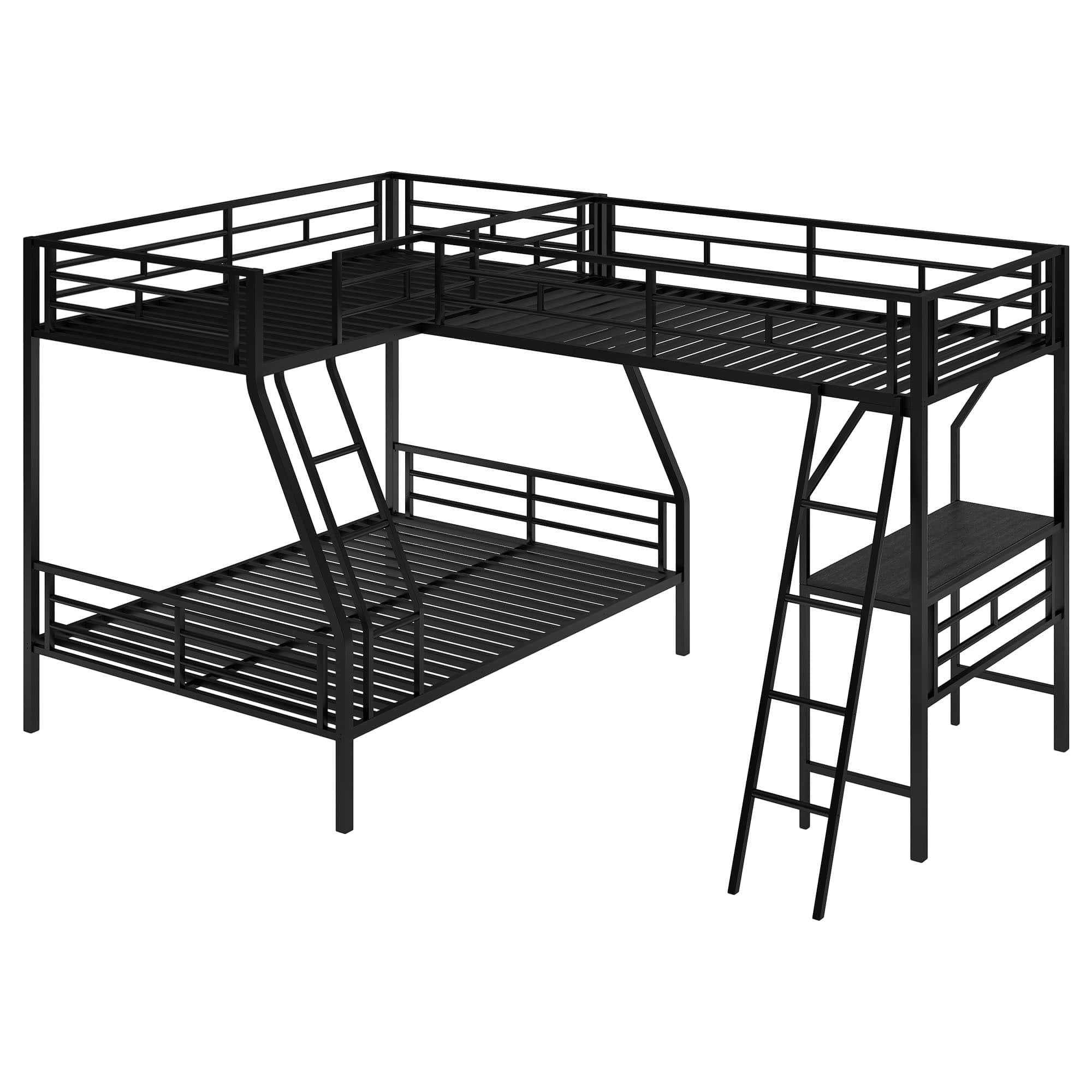 Twin Over Full Corner Loft Triple Bunk Beds with Desk - [Metal, Black]