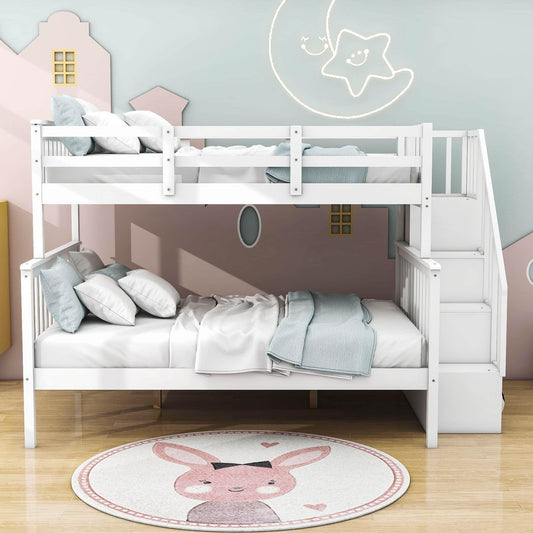 Wood Twin Over Full Bunk Bed with Storage and Stairs - [Shelves, Classic]