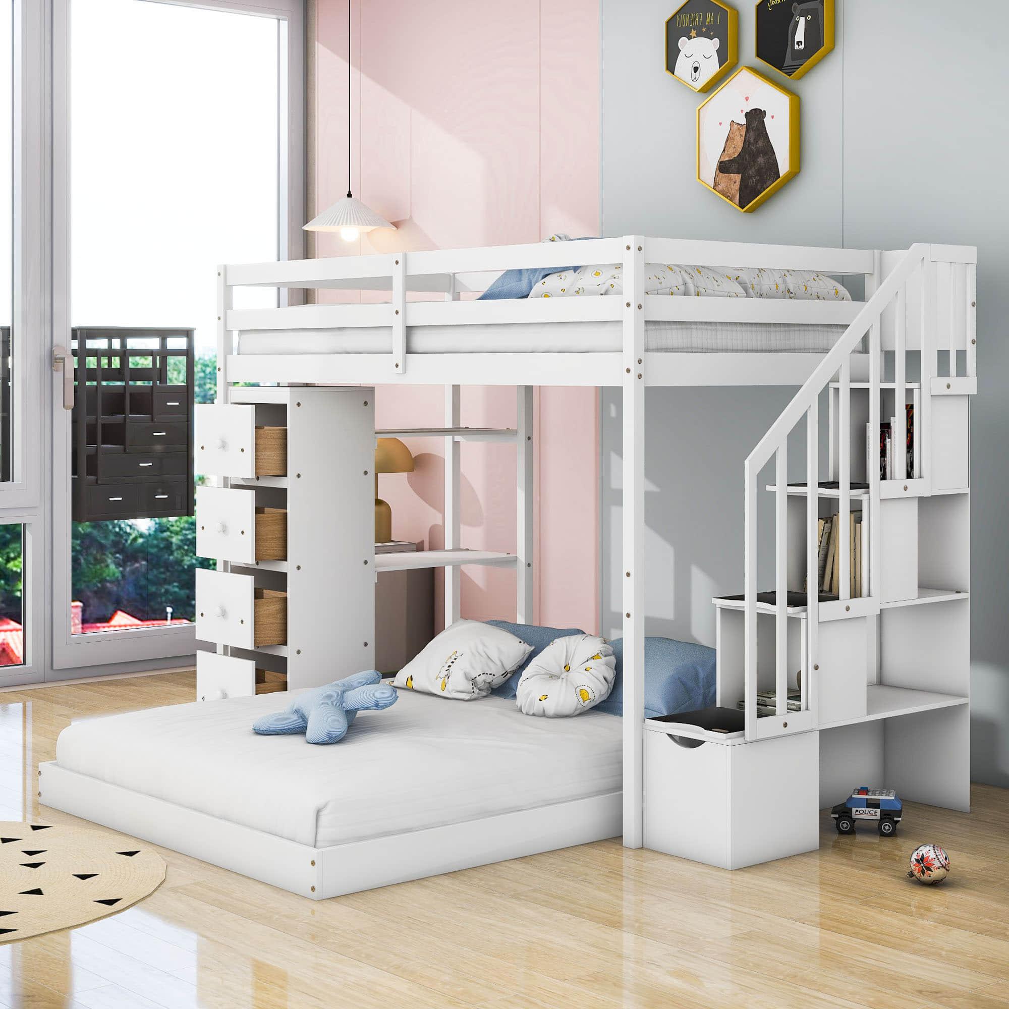 L-Shaped Twin Over Full Floor Bunk Beds for Toddlers, Kids with Stairs